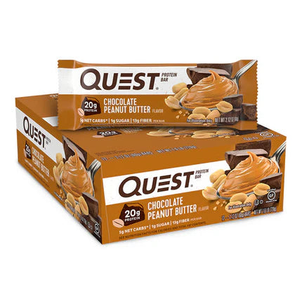A box of Quest Chocolate Peanut Butter protein bars is displayed, featuring individual bars with a creamy peanut butter topping and peanuts, highlighting 20 grams of protein per bar.