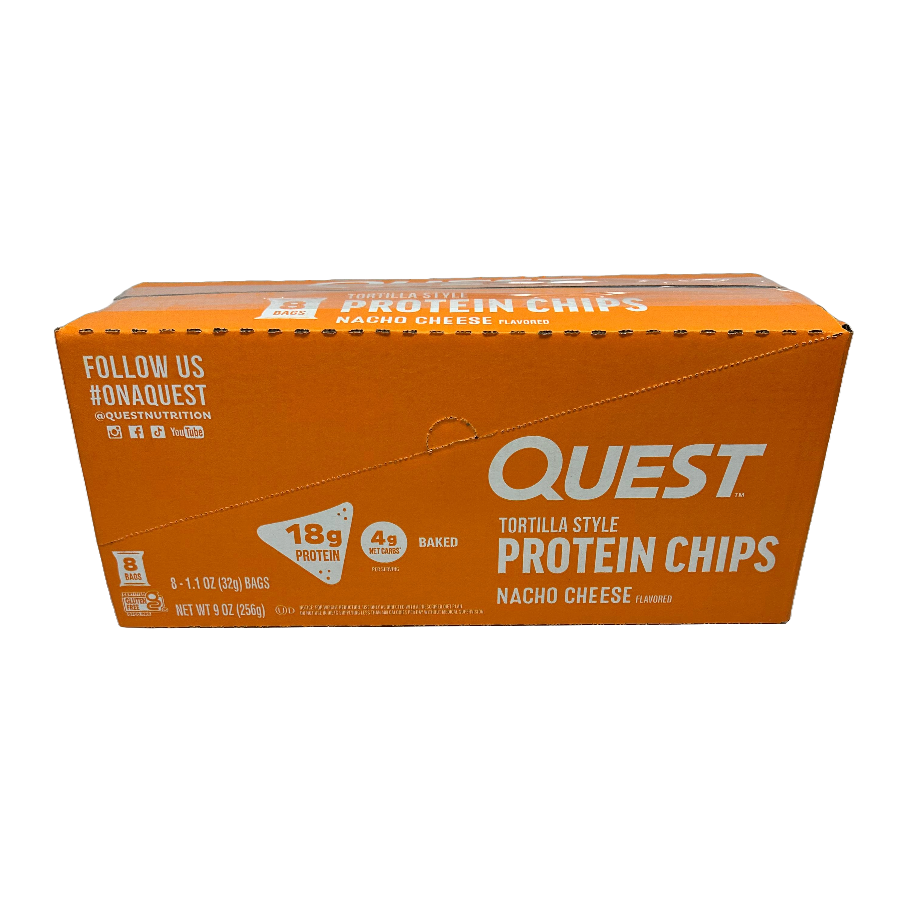 A bright orange box of Quest tortilla style protein chips, featuring nacho cheese flavor, displays nutritional information and branding, with eight individual bags inside.