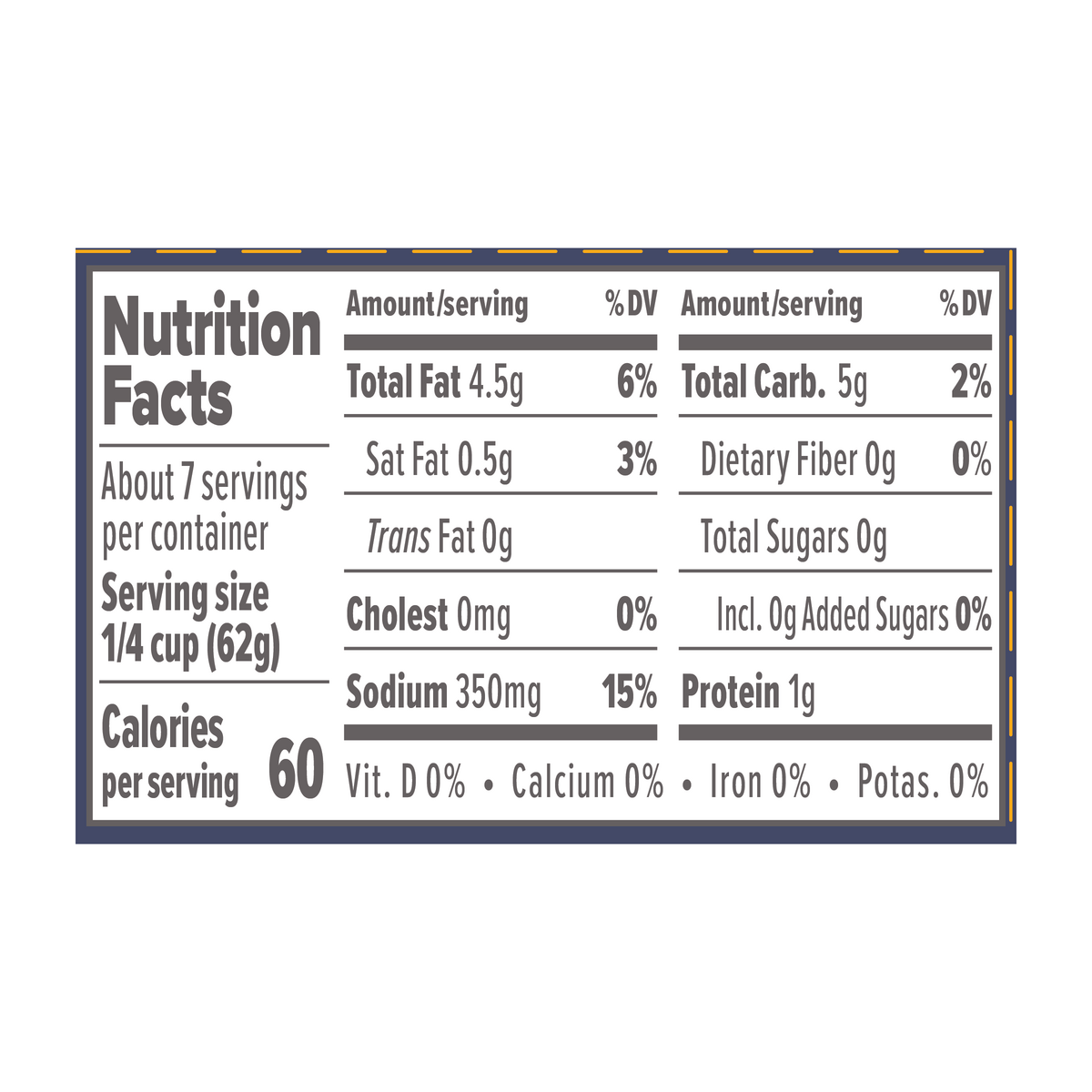 Nutrition facts label displaying serving size, calories, and detailed nutritional information, including total fat, carbohydrates, sugars, sodium, and protein per serving.