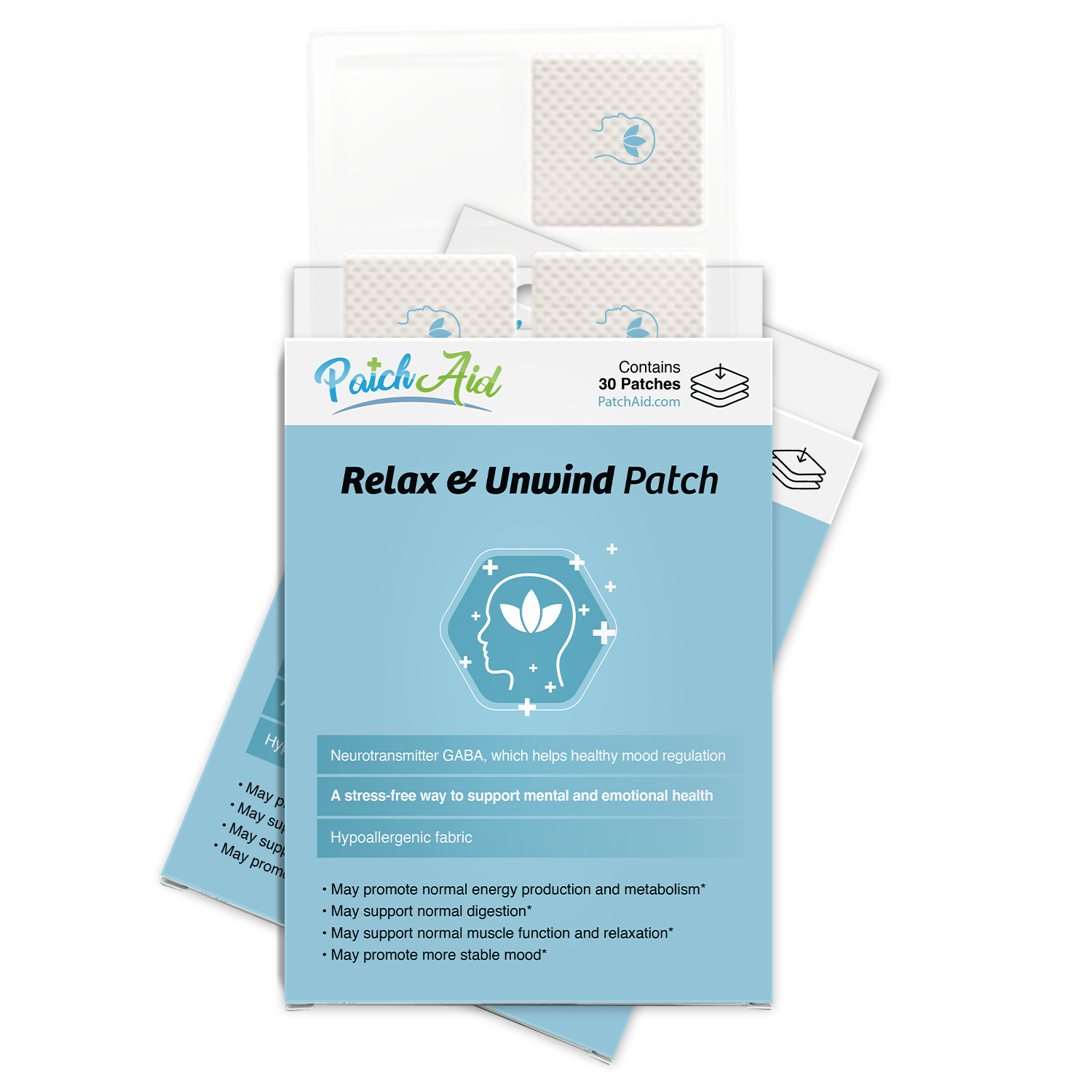 A box of "Relax & Unwind" patches from PatchAid, featuring a blue design with a leaf and head graphic, includes 30 patches aimed at promoting mental and emotional health.