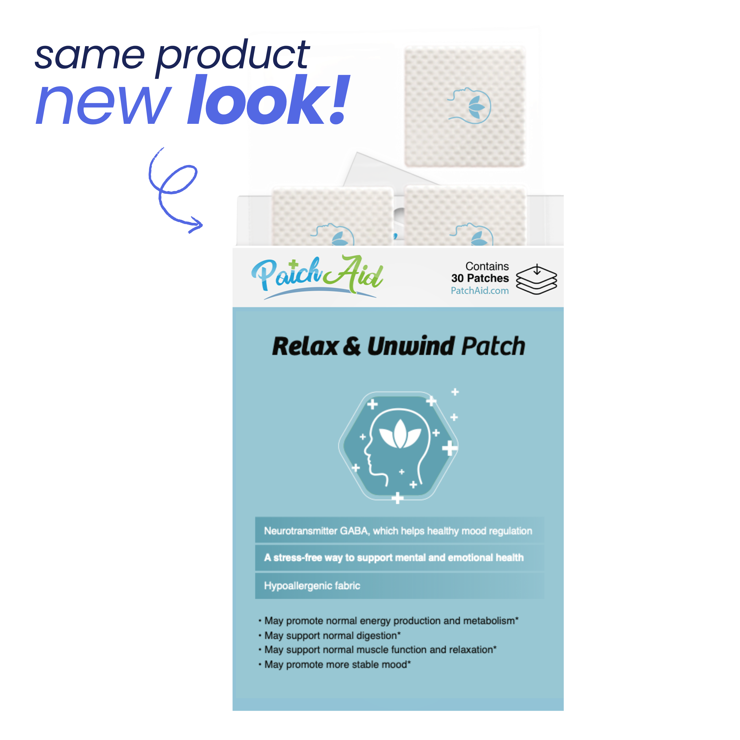 Packaging of a 'Relax & Unwind Patch' with text 'same product new look!'