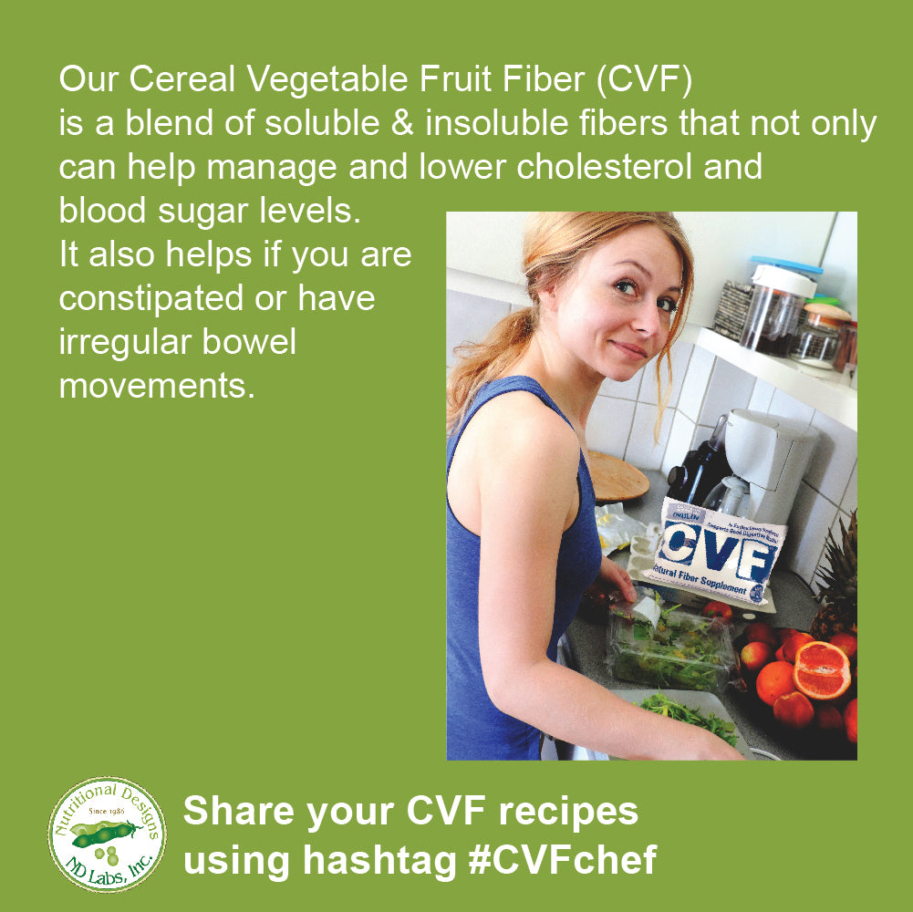 A woman with long hair prepares fresh vegetables and fruits in a kitchen, promoting Cereal Vegetable Fruit Fiber (CVF) for health benefits related to cholesterol and digestion.