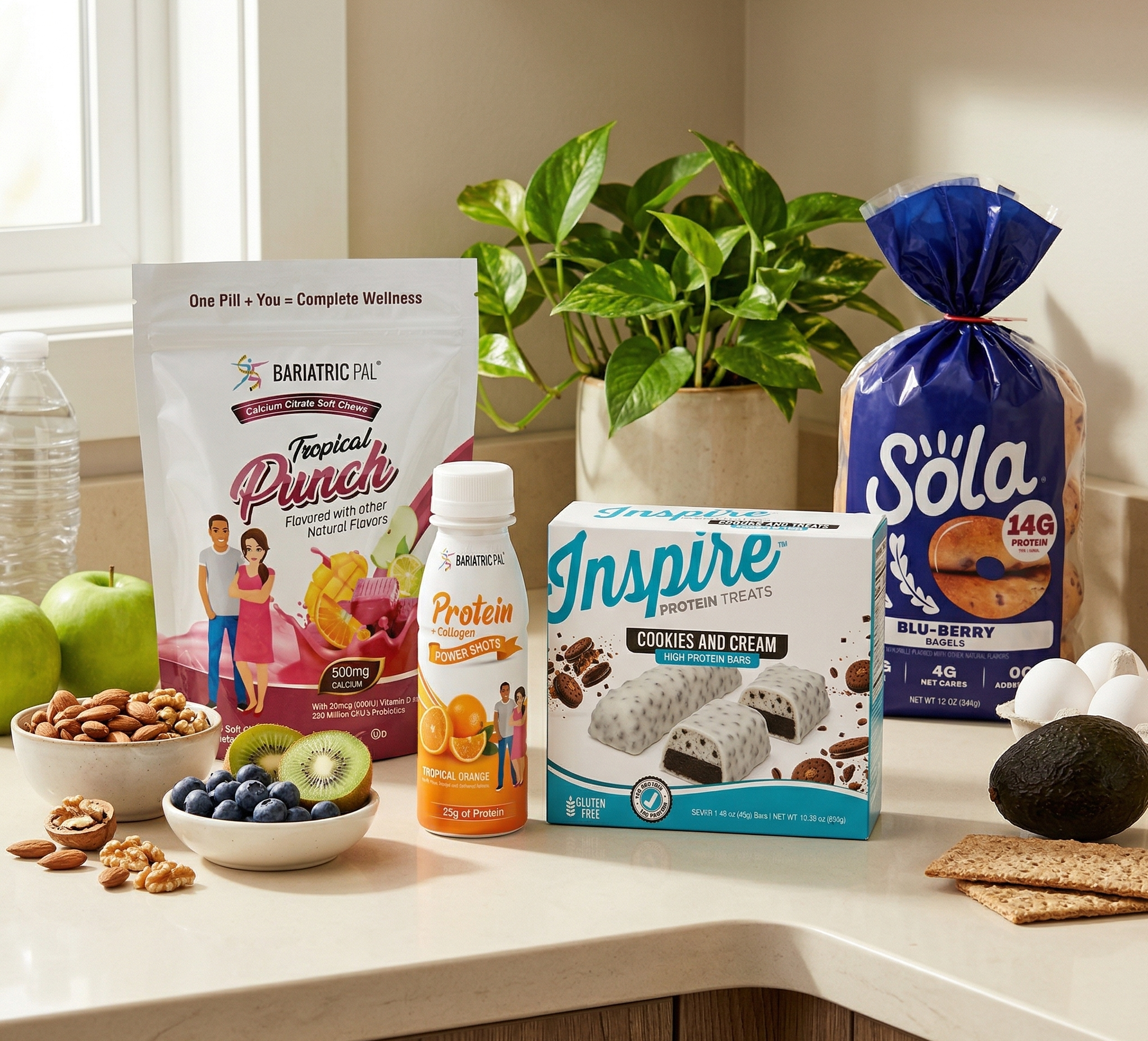 Assorted health and wellness products on a kitchen counter with a plant in the background.