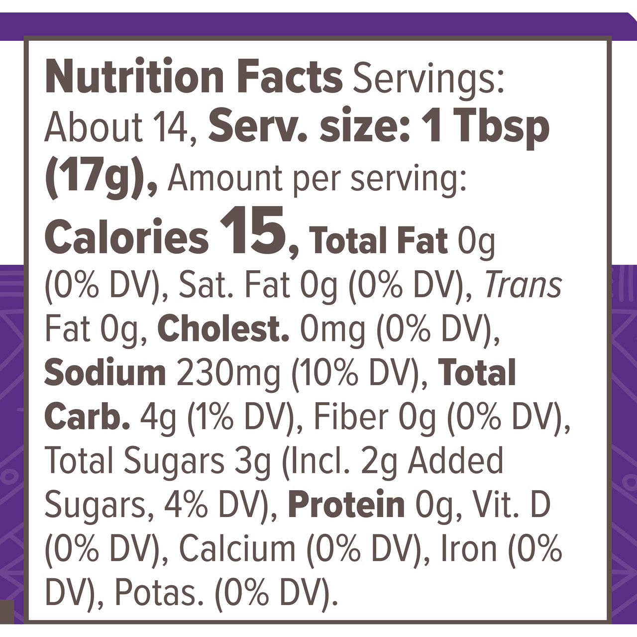 A nutrition facts label displays serving size, calories, and various nutrient values, including total fat, sodium, carbohydrates, sugars, and protein, indicating it's for an e-commerce food product.