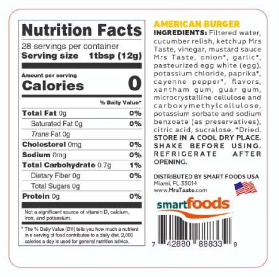 Mrs Taste Zero Calorie American Burger Sauce 11 oz