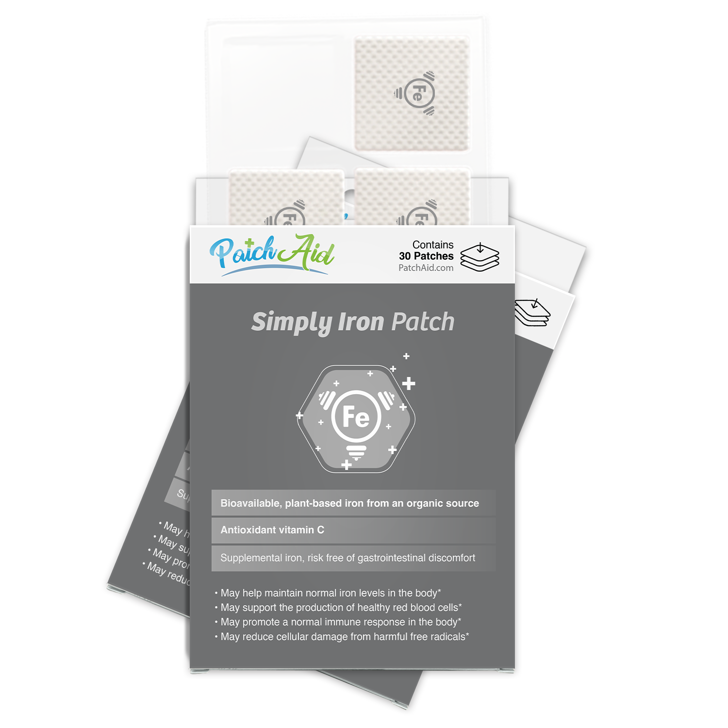 A package of Simply Iron Patches by PatchAid, featuring a prominent iron symbol, highlights benefits like supporting healthy red blood cells and contains 30 bioavailable, plant-based patches.