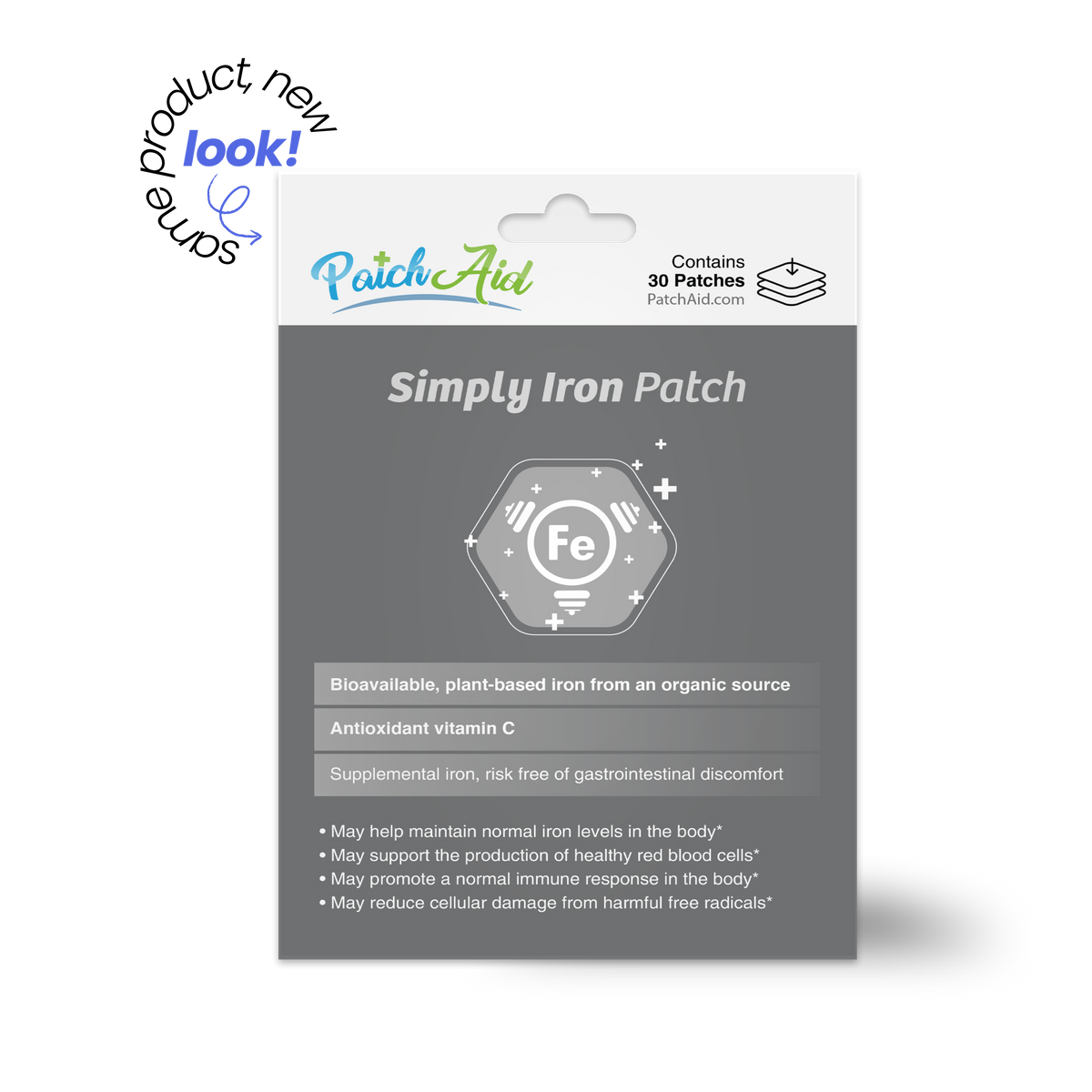 A product packaging for "Simply Iron Patch" by PatchAid displays information about bioavailable, plant-based iron, antioxidant vitamin C, and benefits for maintaining iron levels and supporting red blood cell production.