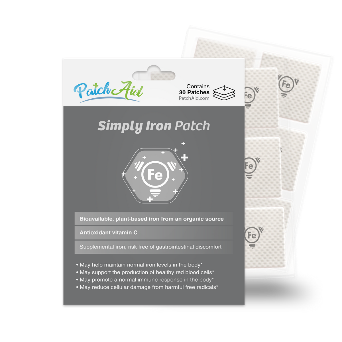 A package of Simply Iron Patches from PatchAid, featuring a gray background with text and icons highlighting benefits, contains 30 patches designed to provide plant-based iron and vitamin C.