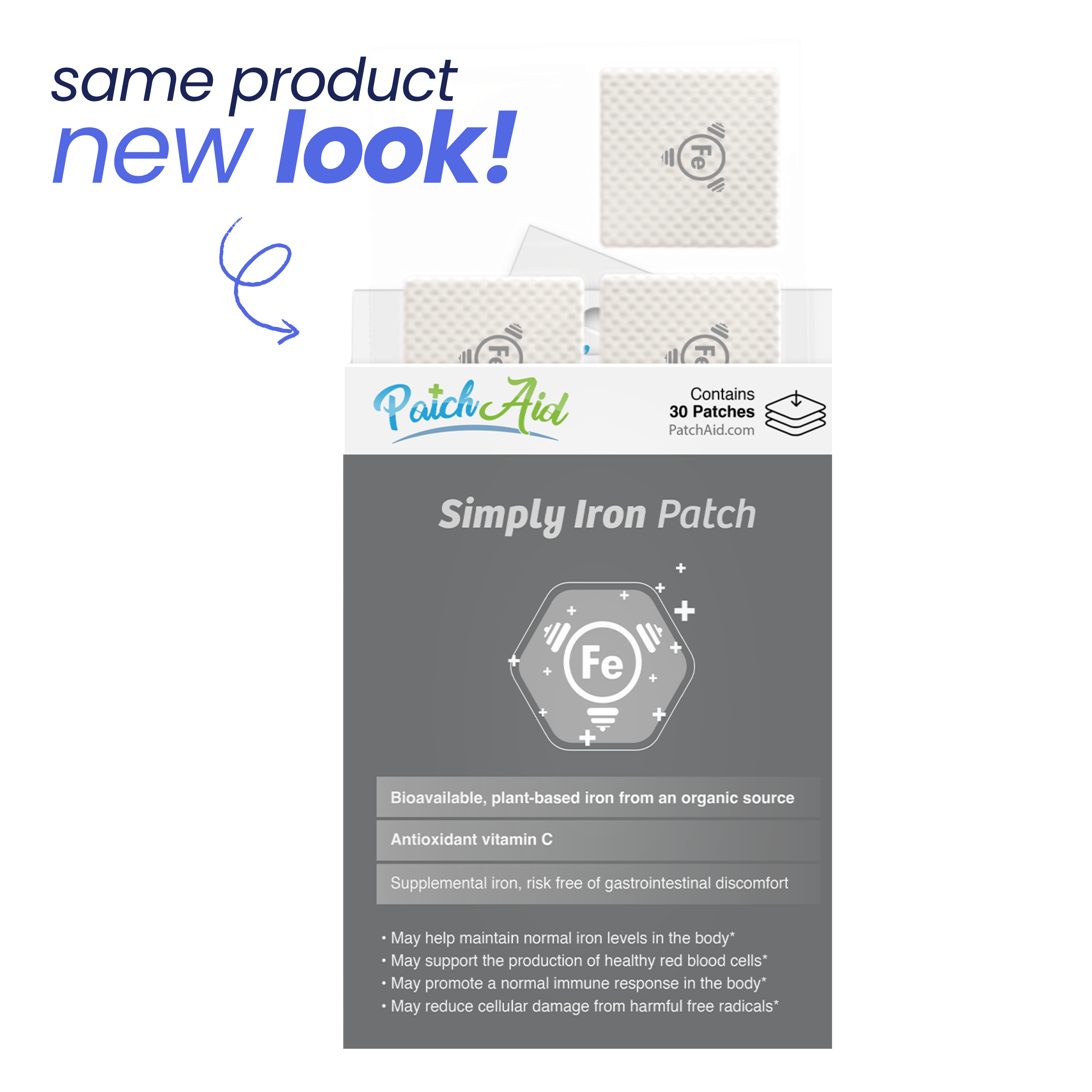 A box of Simply Iron Patches from PatchAid displays a new design, featuring a hexagonal icon with "Fe," highlighting benefits like bioavailable iron and antioxidant vitamin C, with 30 patches included.