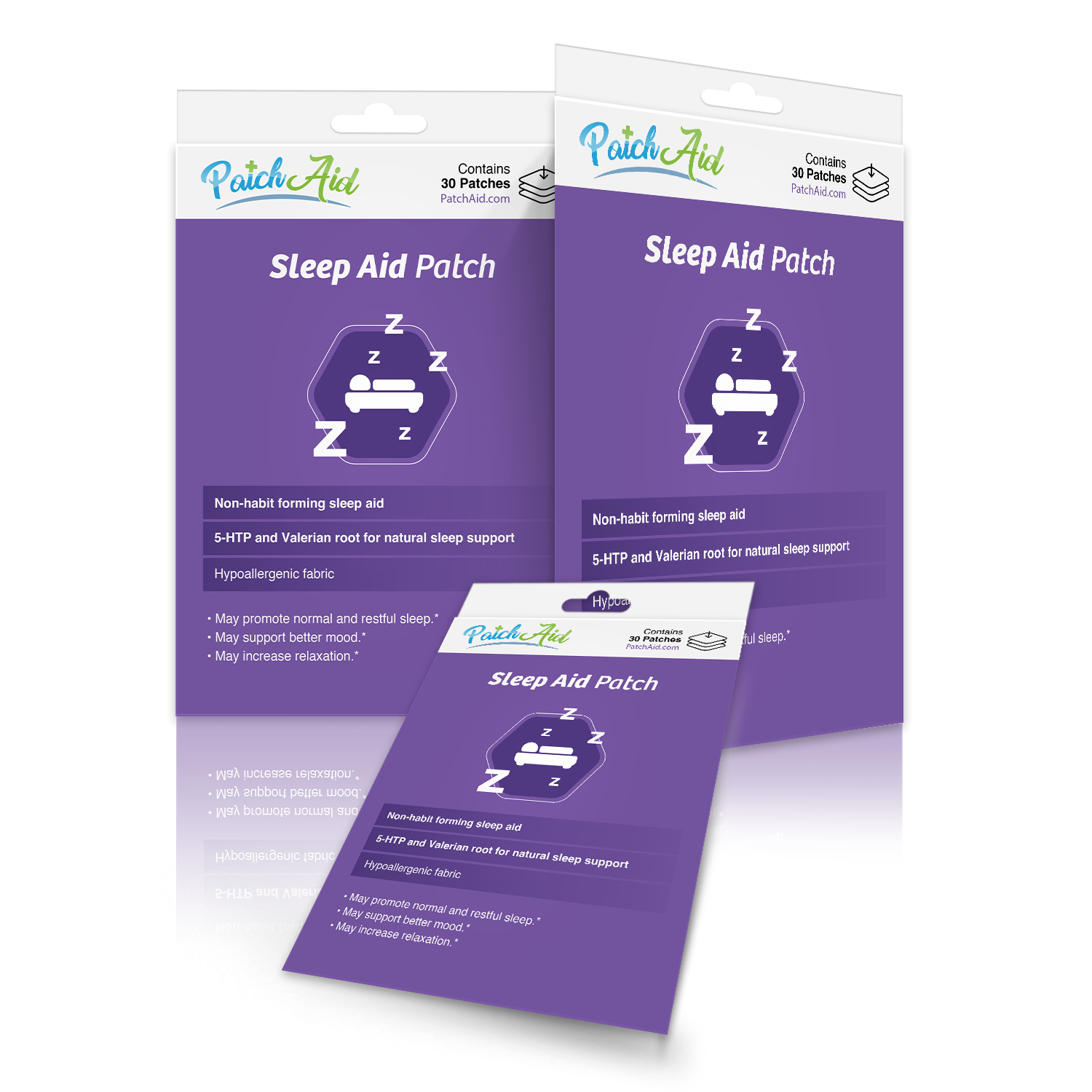 Three packages of PatchAid Sleep Aid Patches are displayed, featuring a purple background with text about their non-habit forming sleep support and benefits, including relaxation and mood enhancement.