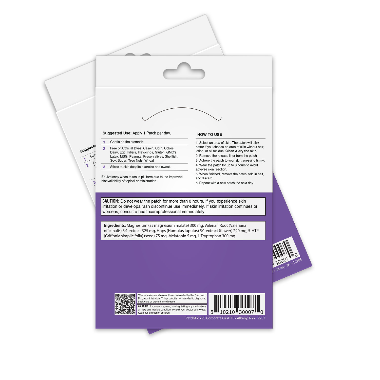 The product packaging features instructions and ingredients for a daily patch designed to promote relaxation, with a purple background and clear usage guidelines on the back.