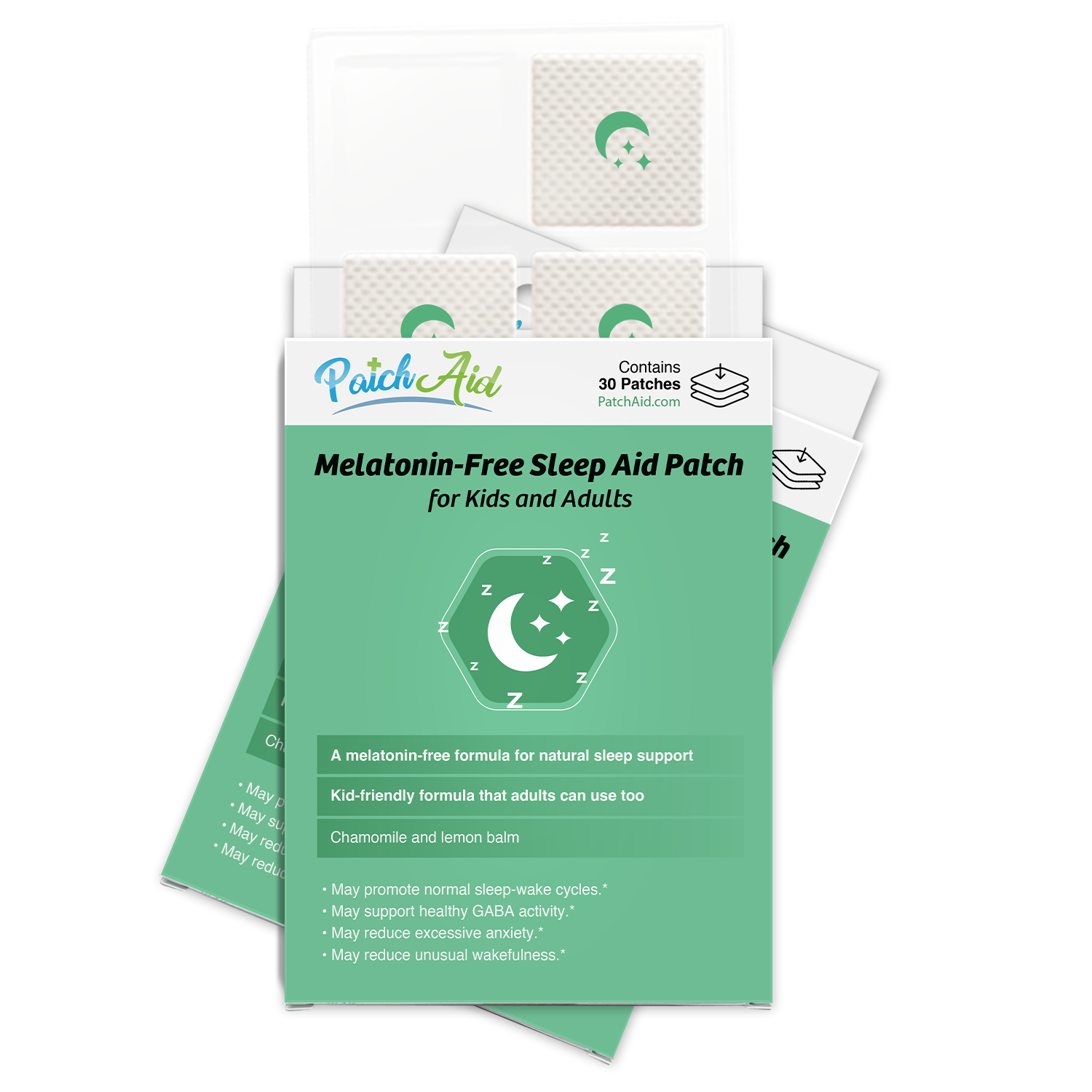 A packaging design for Melatonin-Free Sleep Aid Patches, featuring a green background, product name, and benefits listed, with illustrations of a crescent moon and "Z" symbols indicating sleep.