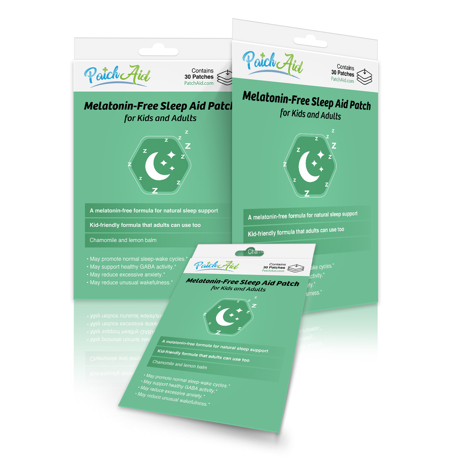 Three packages of "PatchAid Melatonin-Free Sleep Aid Patches for Kids and Adults" are displayed, featuring a green background, sleep-related graphics, and text highlighting their natural sleep support benefits.