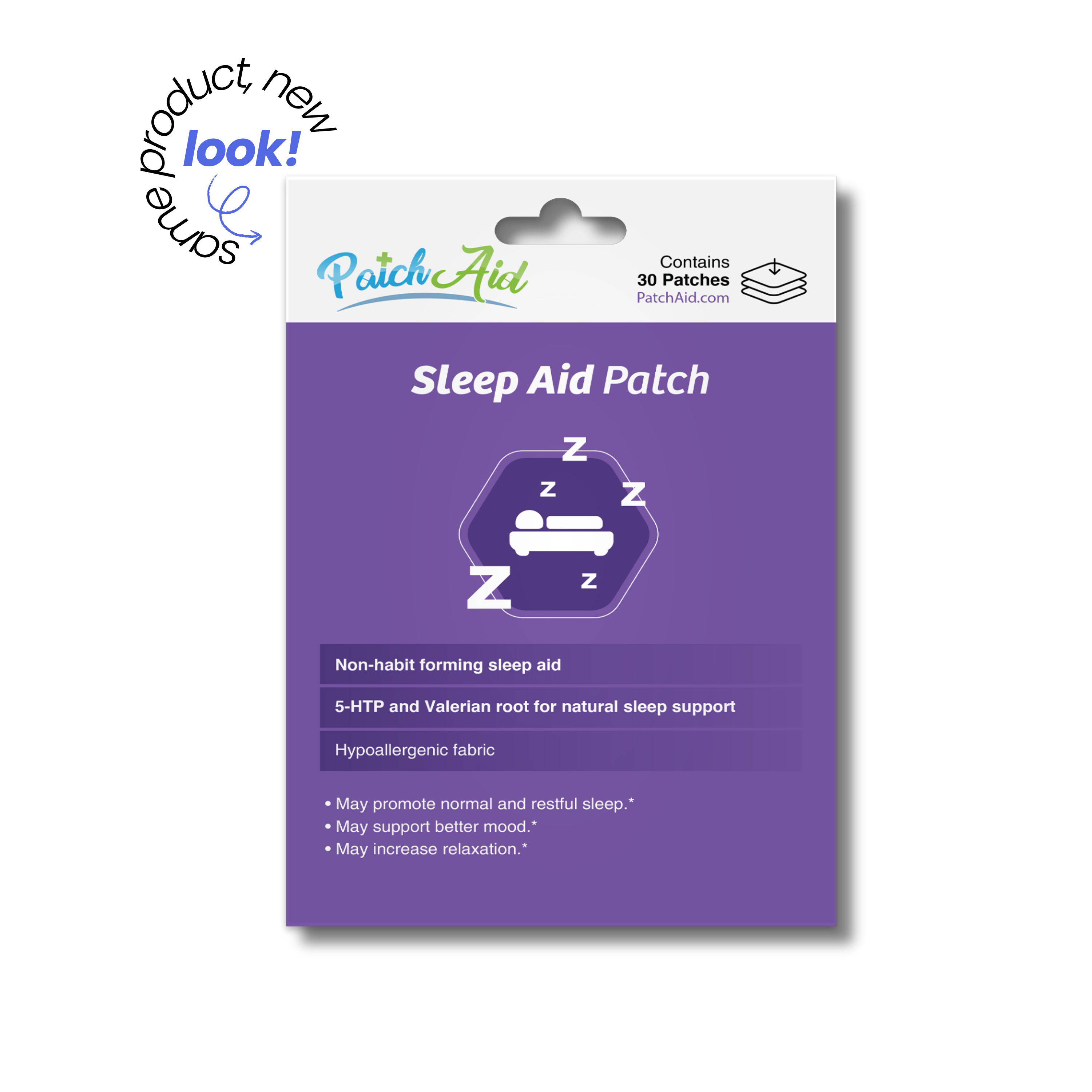 PatchAid Sleep Aid Patches with 5-HTP and valerian root for natural sleep support. Contains 30 hypoallergenic, non-habit-forming patches.