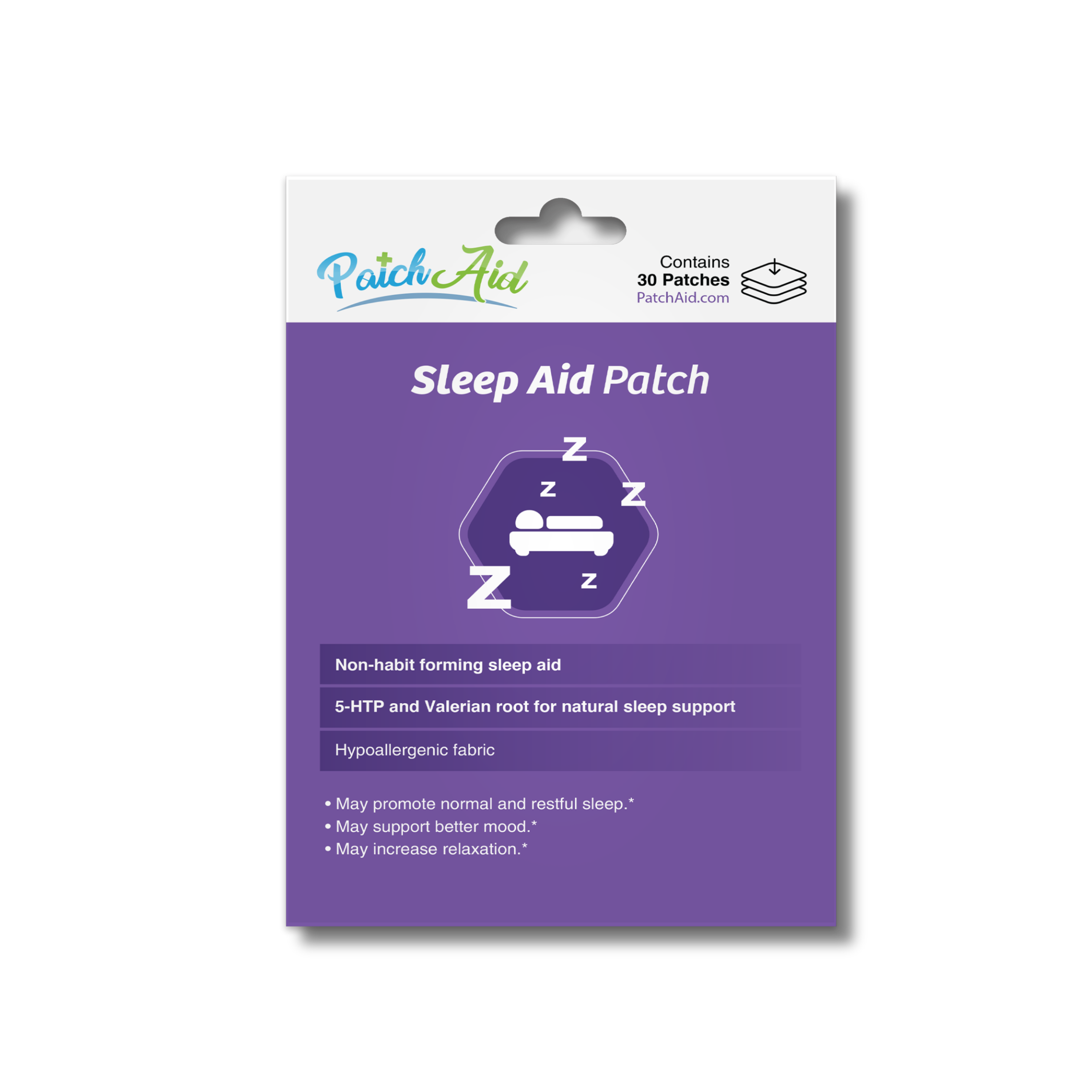 PatchAid Sleep Aid Patches with 5-HTP and valerian root for natural sleep support. Contains 30 hypoallergenic, non-habit-forming patches.