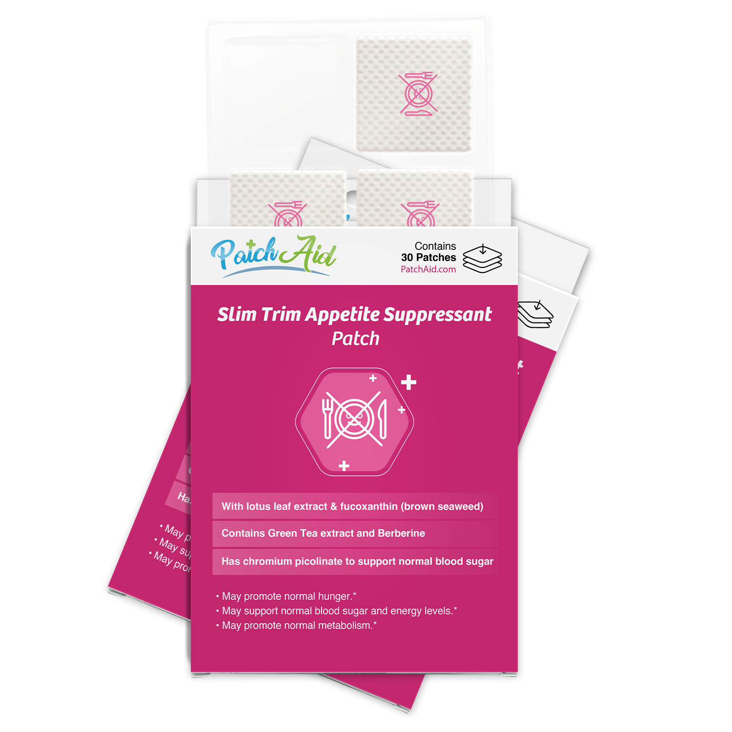 A box of Slim Trim Appetite Suppressant patches is displayed, featuring a pink design with nutritional benefits highlighted, indicating it contains ingredients like green tea extract and chromium picolinate.