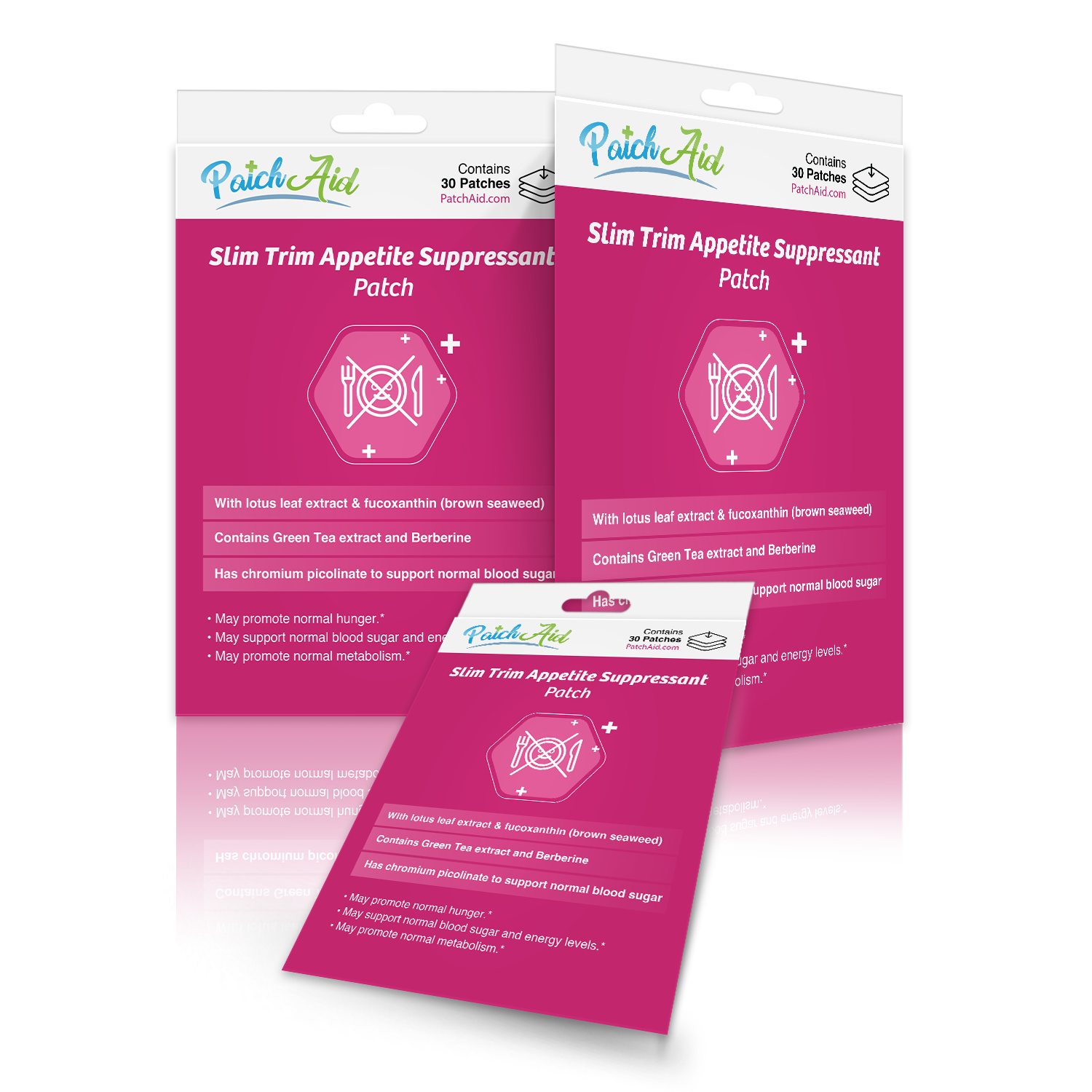 Three packages of Slim Trim Appetite Suppressant Patches are displayed, featuring a pink background, product details, and icons related to appetite control and metabolism support.