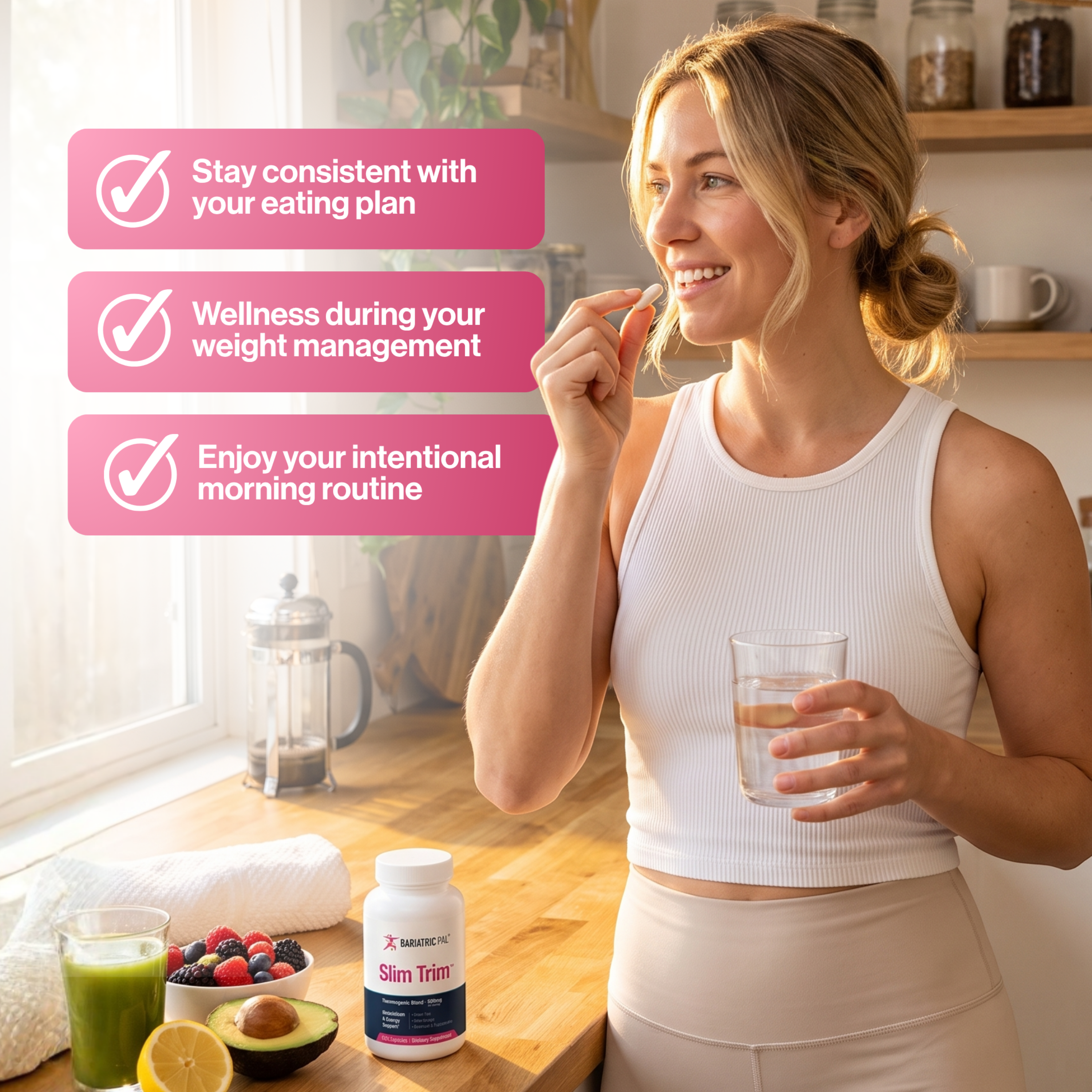 BariatricPal Slim Trim stimulant-free thermogenic blend with green tea, bitter orange and chromium to support metabolism and energy. One morning dose; 60 capsules.