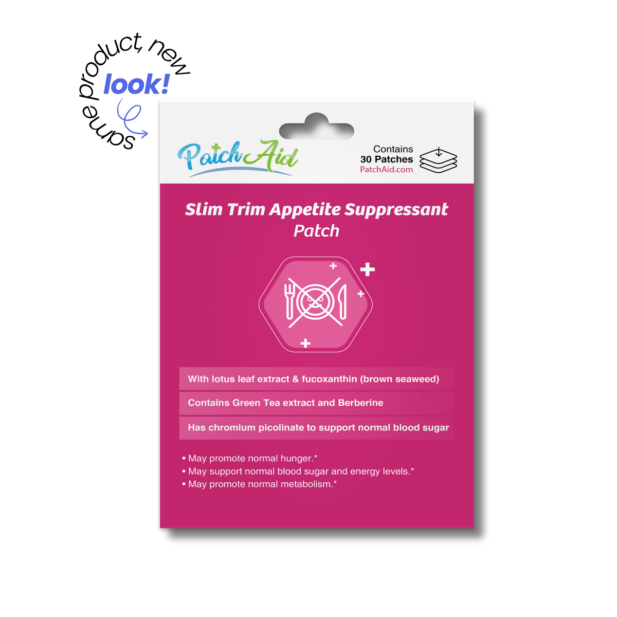 Slim Trim Appetite Suppressant Patches with lotus leaf, fucoxanthin, green tea, berberine and chromium picolinate. Contains 30 patches.