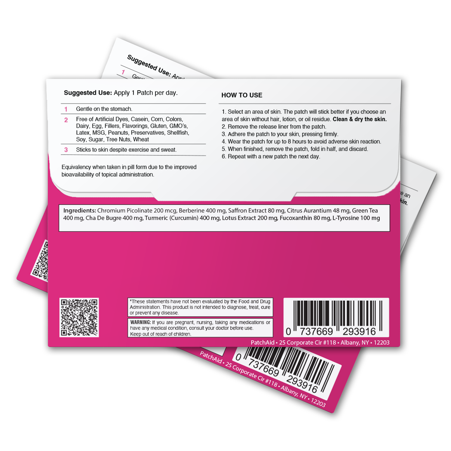 A colorful product label for a skin patch, detailing suggested use, ingredients, and application instructions, with a focus on natural components and health benefits.