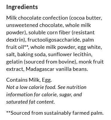 A list of ingredients for a milk chocolate confection, including cocoa butter, whole milk powder, and Madagascar vanilla beans, with notes on allergens and nutritional information.