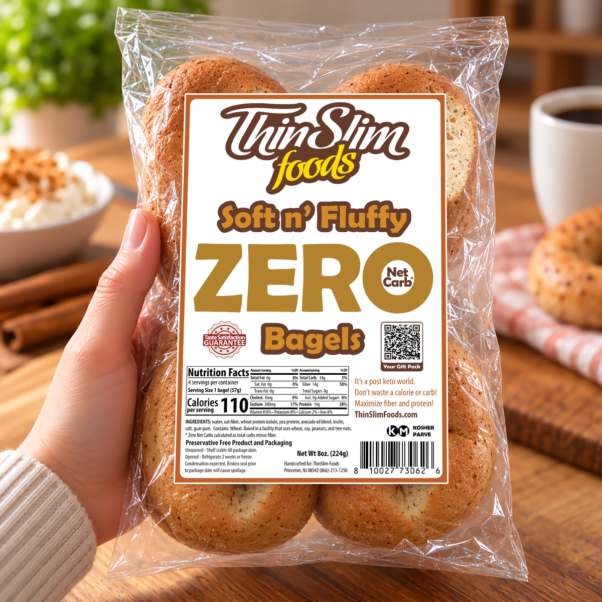 ThinSlim Foods Soft ’n Fluffy Zero Net Carb Bagels.