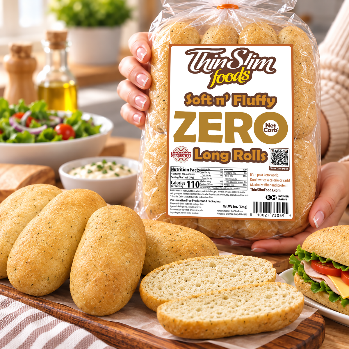 ThinSlim Foods Soft n' Fluffy ZERO Net Carb Long Rolls, Single Pack