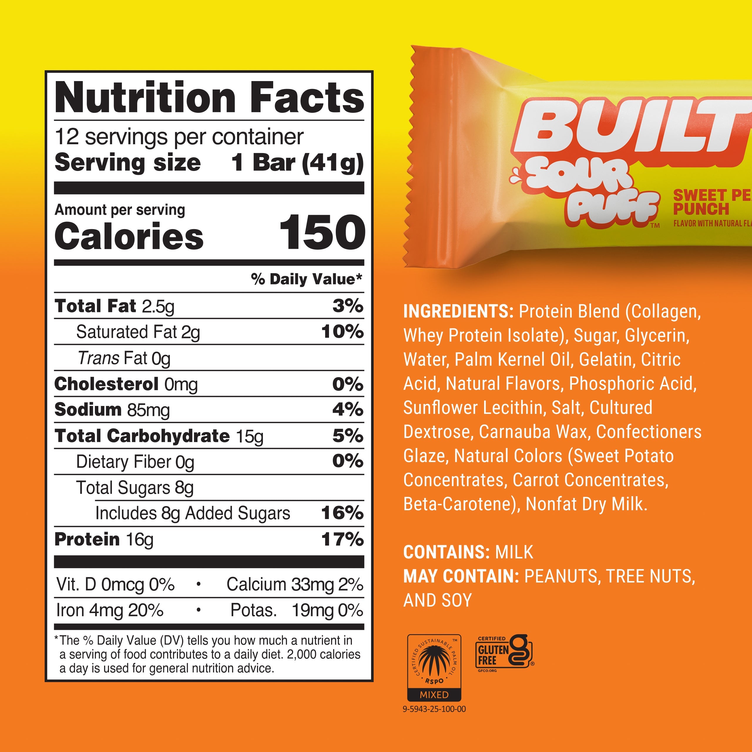 Nutrition facts label for Built Sour Puff protein bar, detailing serving size, calories, and nutritional content, with a colorful background and a bar wrapper in the corner.