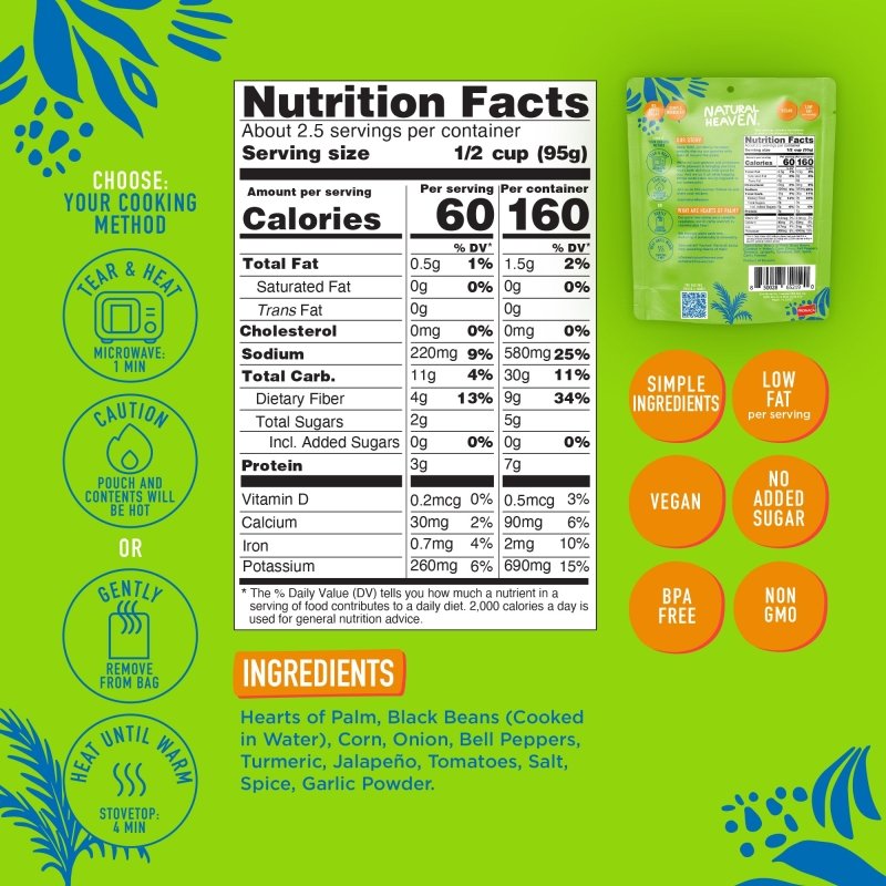 A colorful nutrition facts label displays serving information, calories, and ingredients for a vegan product featuring hearts of palm and black beans, set against a vibrant green background.
