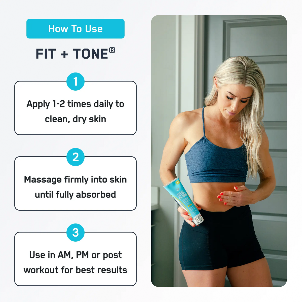 A woman in a blue sports bra and black shorts applies a skincare product to her abdomen, demonstrating usage instructions for the FIT + TONE® product in a well-lit indoor setting.