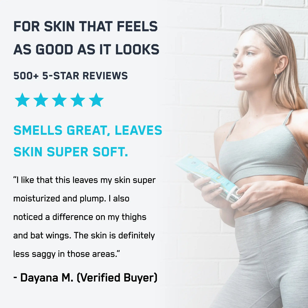 A woman in athletic wear holds a skincare product while smiling, with a light-colored wall behind her, showcasing positive reviews and highlighting the product's moisturizing benefits.