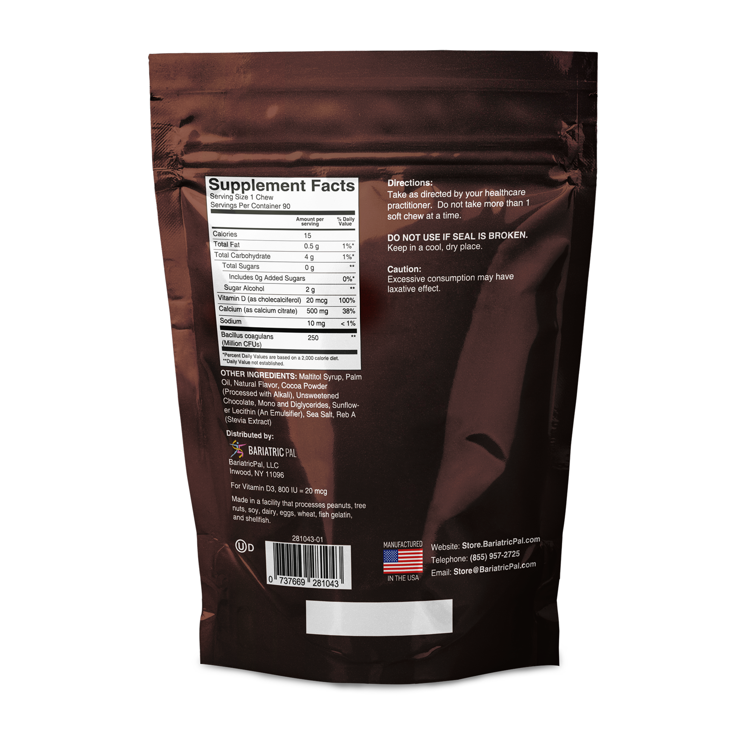 BariatricPal Sugar-Free Calcium Citrate Soft Chews 500mg with Probiotics - Belgian Chocolate Caramel - High-quality Calcium.