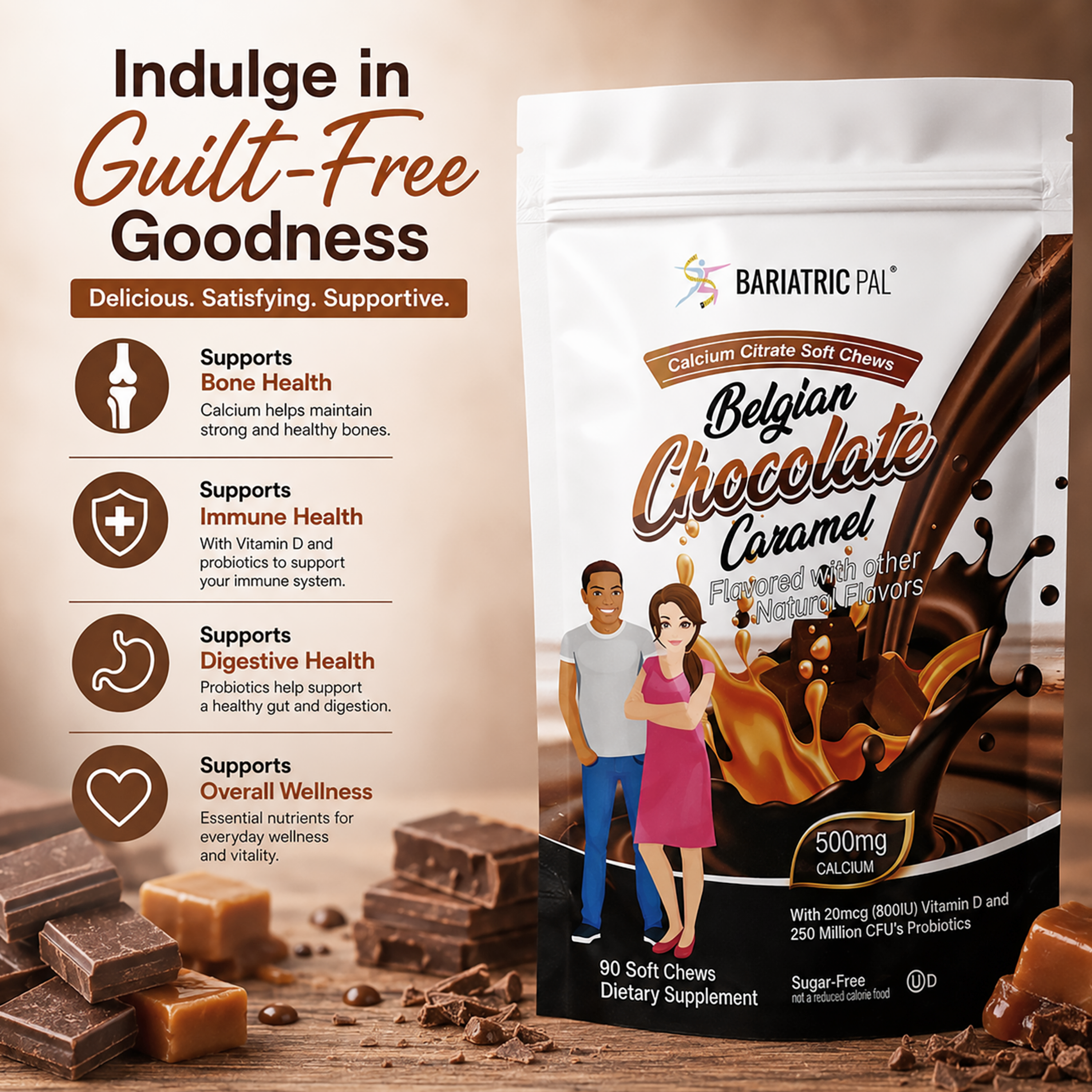 BariatricPal Belgian Chocolate Caramel Calcium Citrate Soft Chews with 500 mg of calcium, vitamin D and probiotics to support bone, immune and digestive health. Sugar-free, 90-count bag.