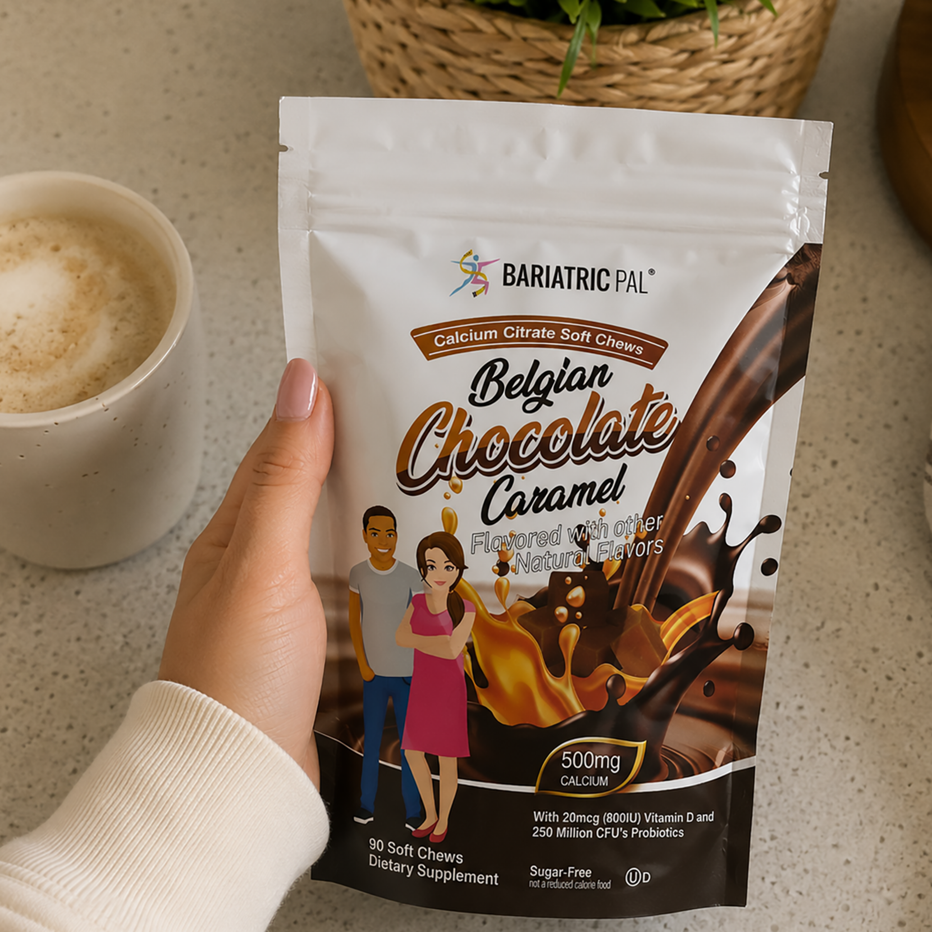 BariatricPal Belgian Chocolate Caramel Calcium Citrate Soft Chews with 500 mg of calcium, vitamin D and probiotics to support bone, immune and digestive health. Sugar-free, 90-count bag.