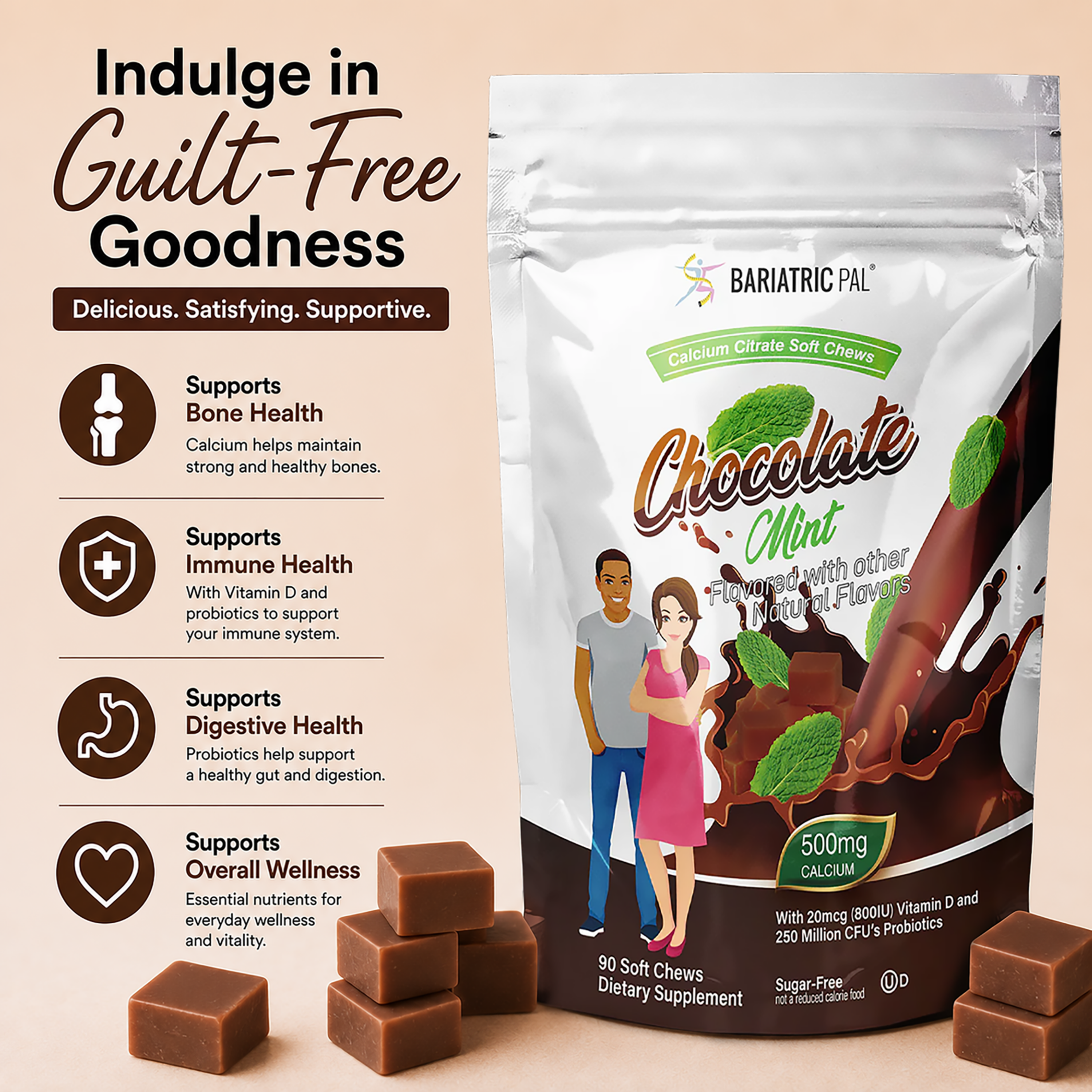 BariatricPal Chocolate Mint Calcium Citrate Soft Chews with 500 mg calcium, vitamin D, and probiotics. Sugar-free with 90 individually wrapped soft chews.
