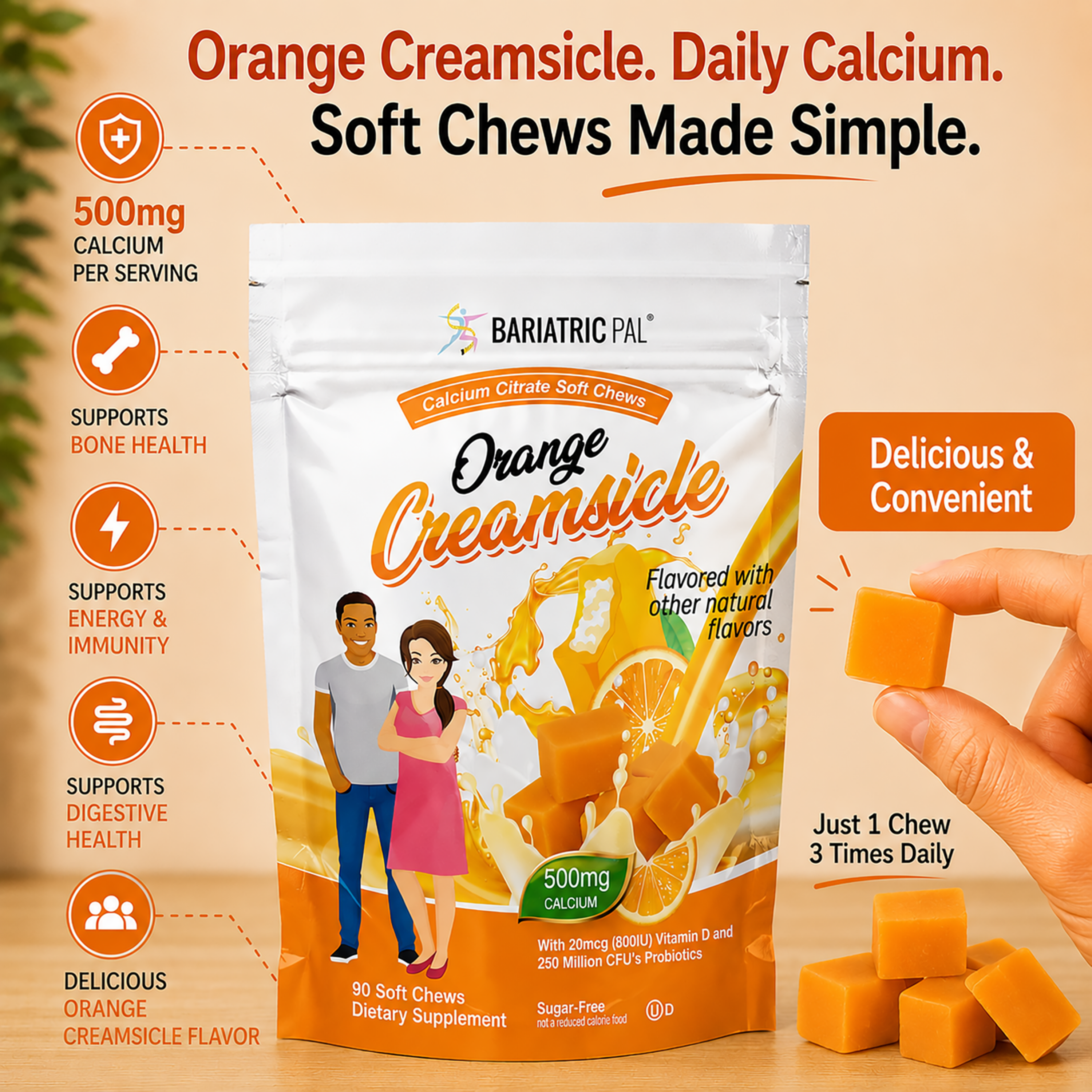 BariatricPal Sugar-Free Calcium Citrate Soft Chews 500mg with Probiotics - Orange Creamsicle
