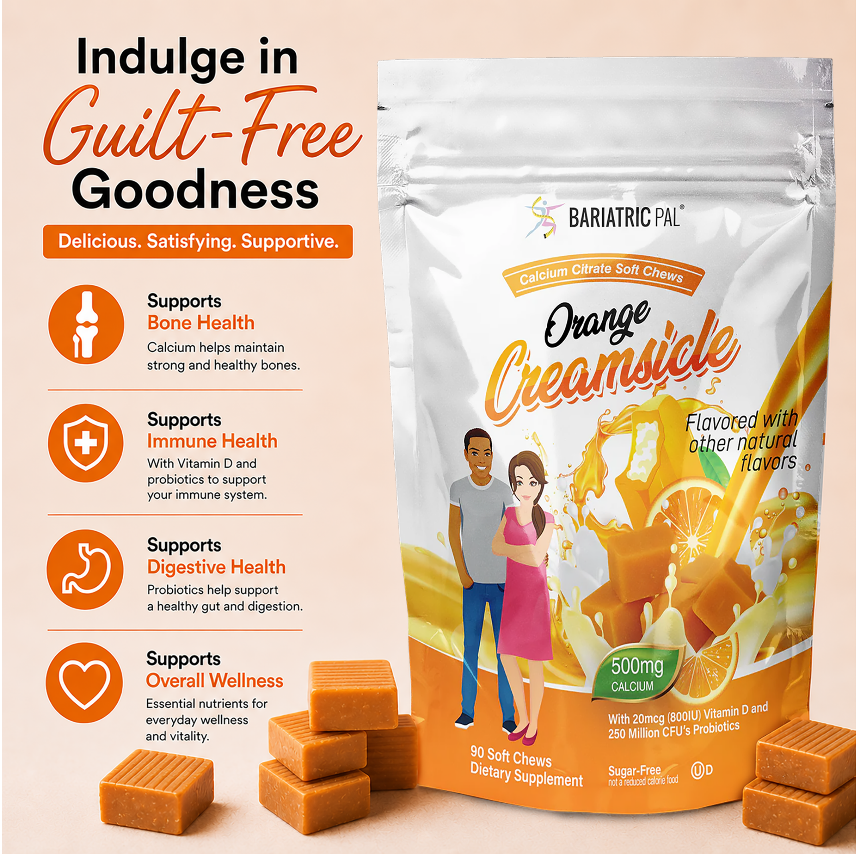 A package of Bariatric Pal Orange Creamsicle calcium citrate soft chews is displayed alongside two smiling people, with health benefits listed on the left and orange-flavored chews in the foreground.