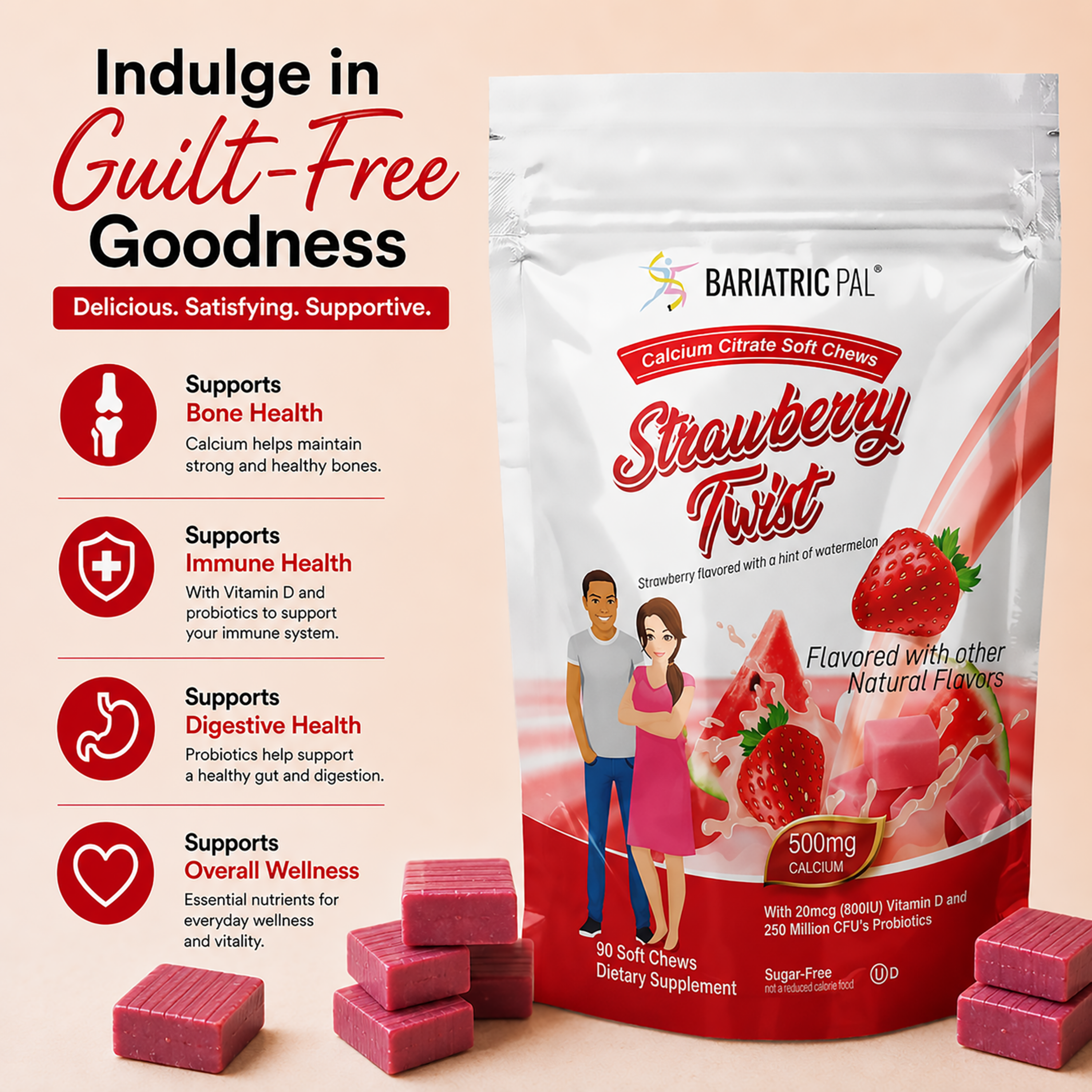 BariatricPal Strawberry Watermelon Twist Calcium Citrate Soft Chews with 500 mg of calcium, vitamin D and probiotics to support bone, immune and digestive health. Sugar-free, 90-count bag.