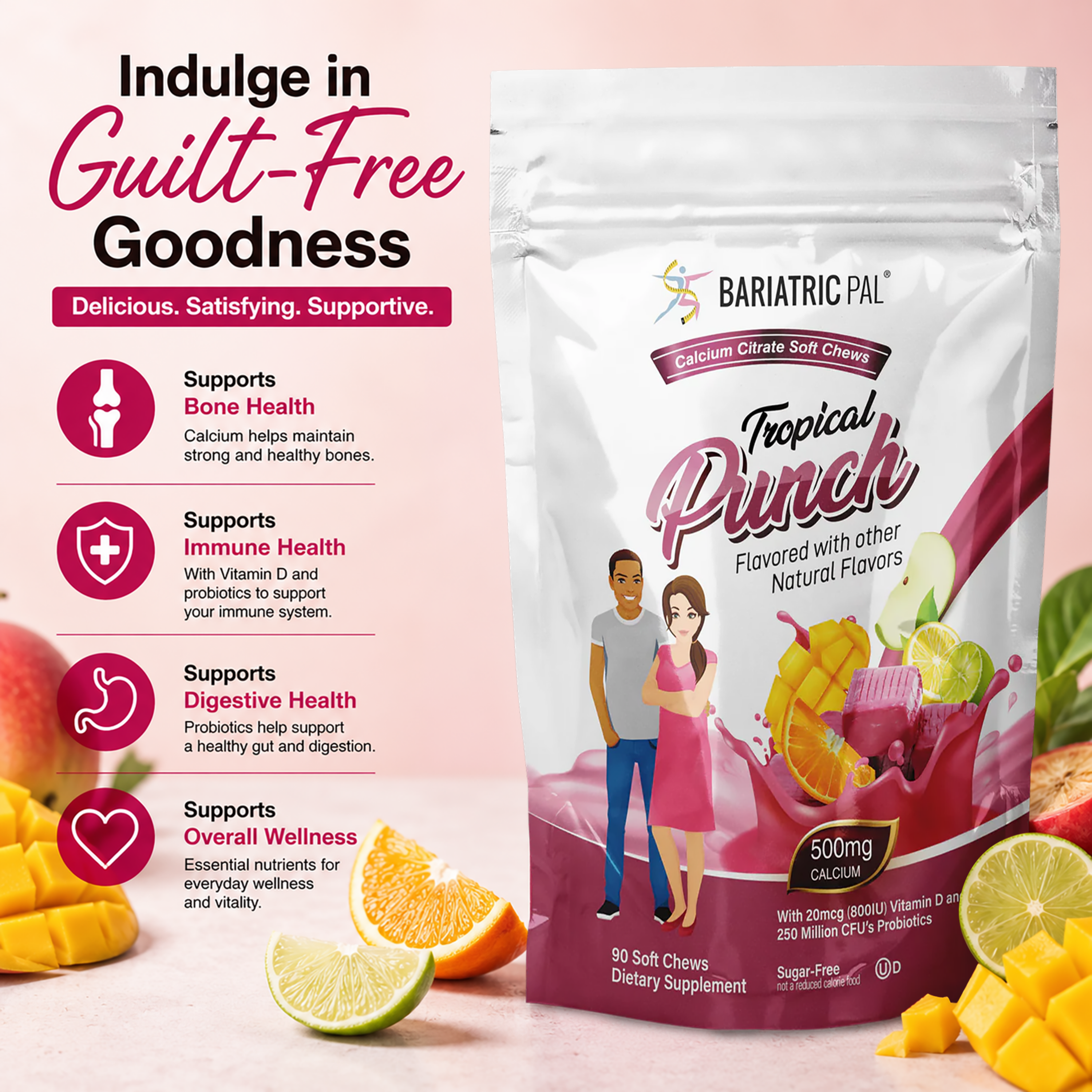 A stand-up pouch of BariatricPal Tropical Punch dietary supplement shown on a pink background with marketing text and fruit slices around it. The package is white with magenta and pink graphics, and the front shows illustrations of the package.
