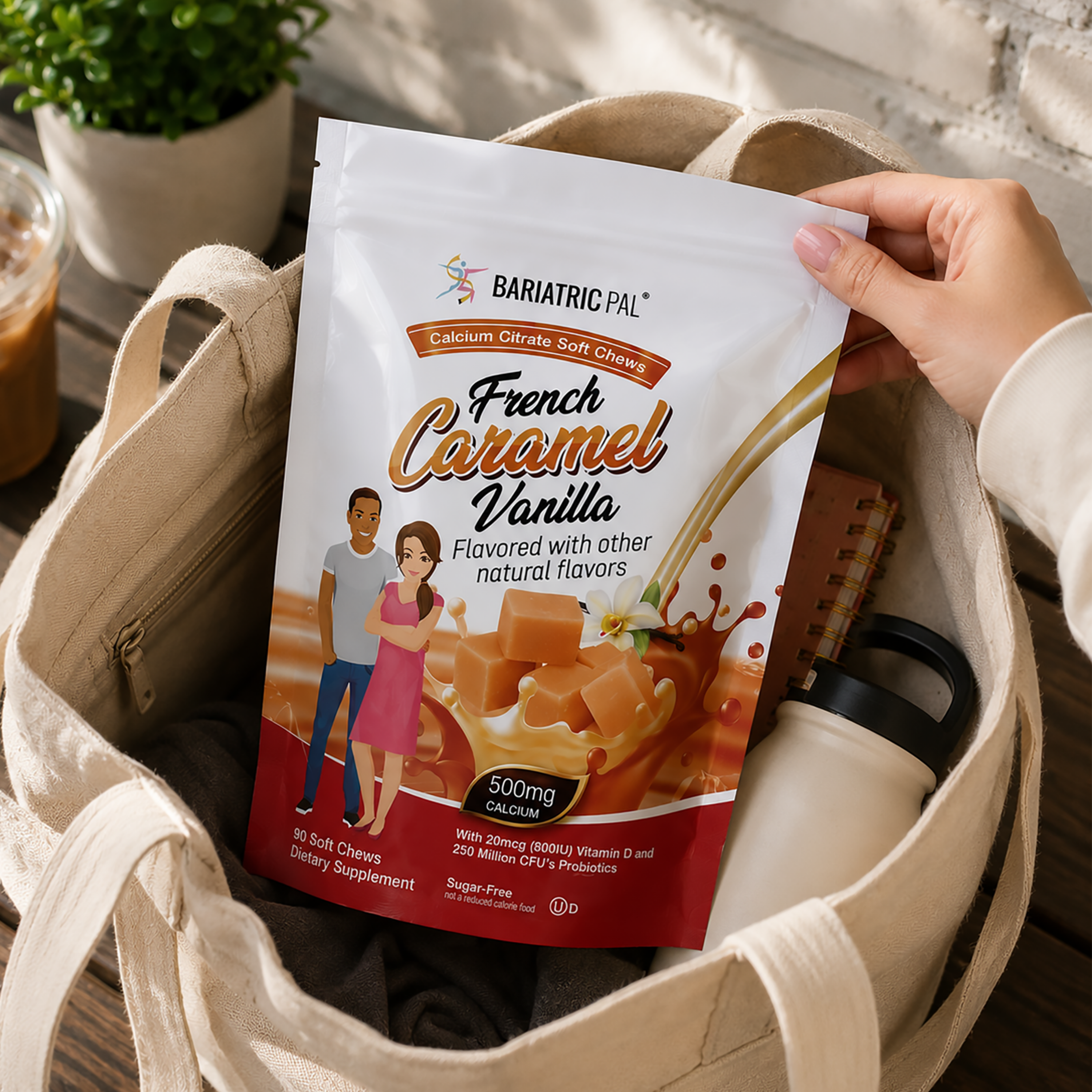 BariatricPal French Caramel Vanilla Calcium Citrate Soft Chews with 500 mg calcium, vitamin D and probiotics. Sugar-free, 90-count bag.