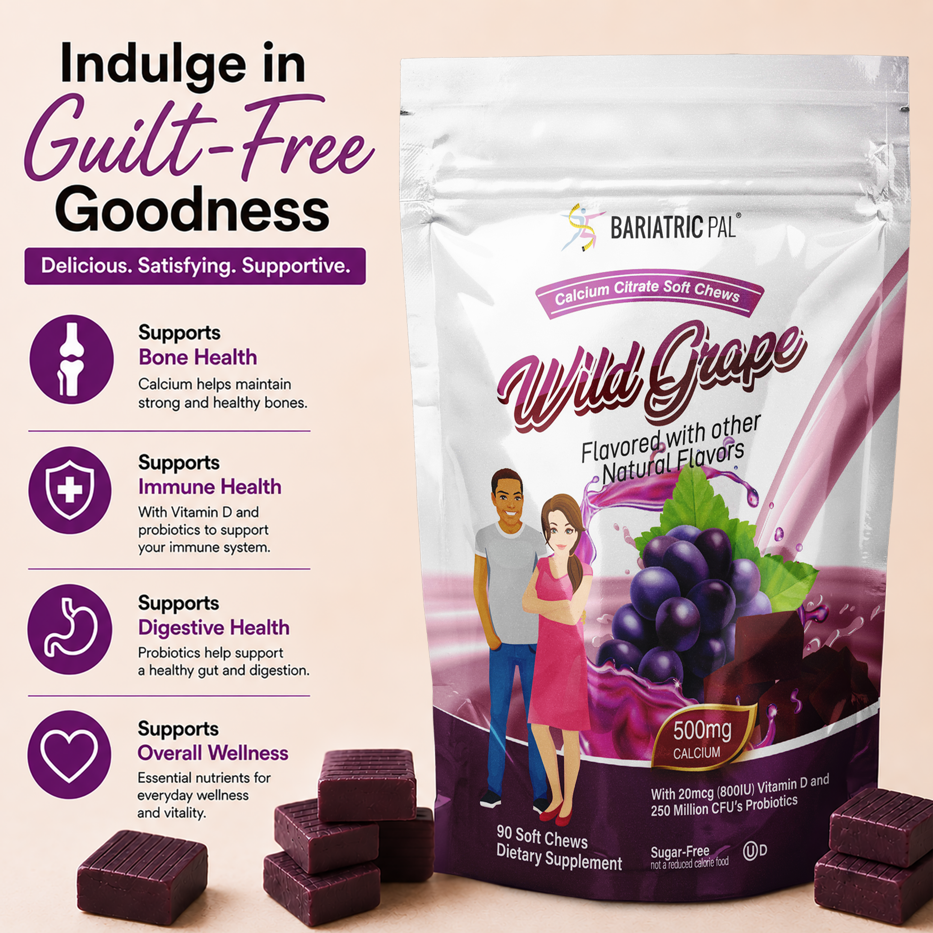 BariatricPal Wild Grape flavored calcium carbonate soft chew dietary supplement pouch shown with several dark purple soft chews arranged around it on a white background with promotional text on the left.
