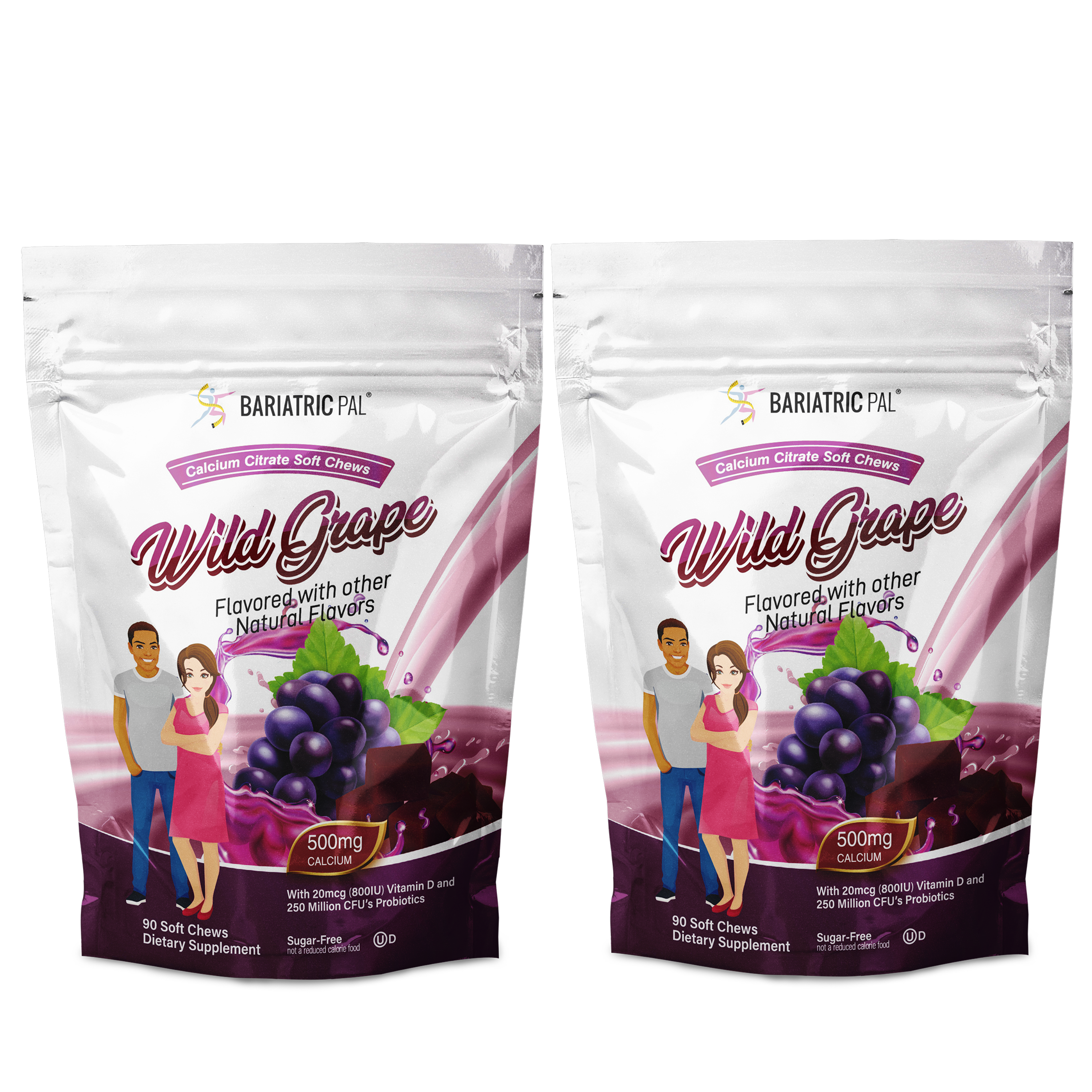 Two packages of Bariatric Pal Wild Grape Calcium Citrate Soft Chews are displayed, featuring a man and woman smiling beside a cluster of grapes, highlighting the product's flavor and dietary supplement benefits.