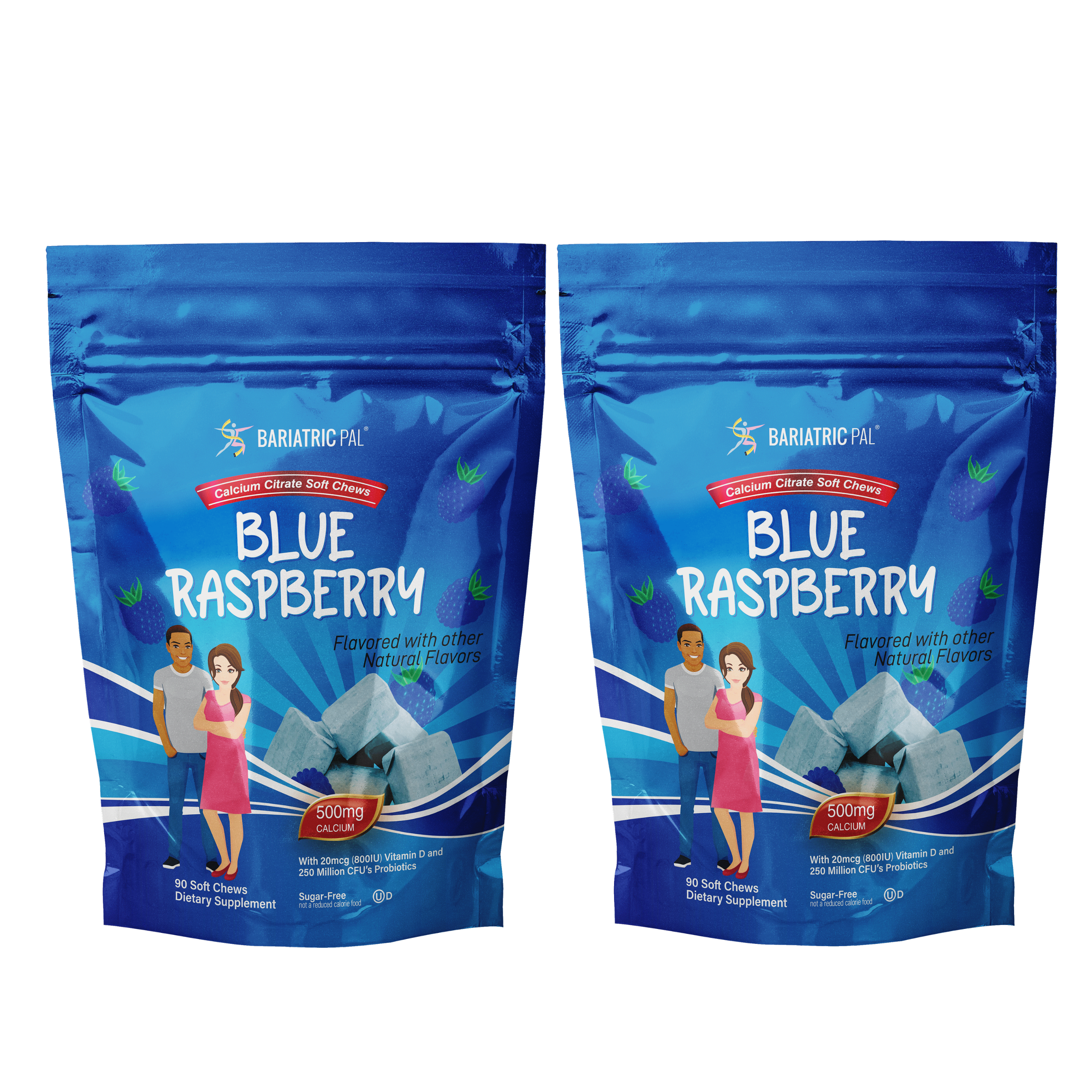 Two identical packages of Bariatric Pal Blue Raspberry Calcium Citrate Soft Chews, featuring a man and woman on the front, showcasing the product's flavor and nutritional information.