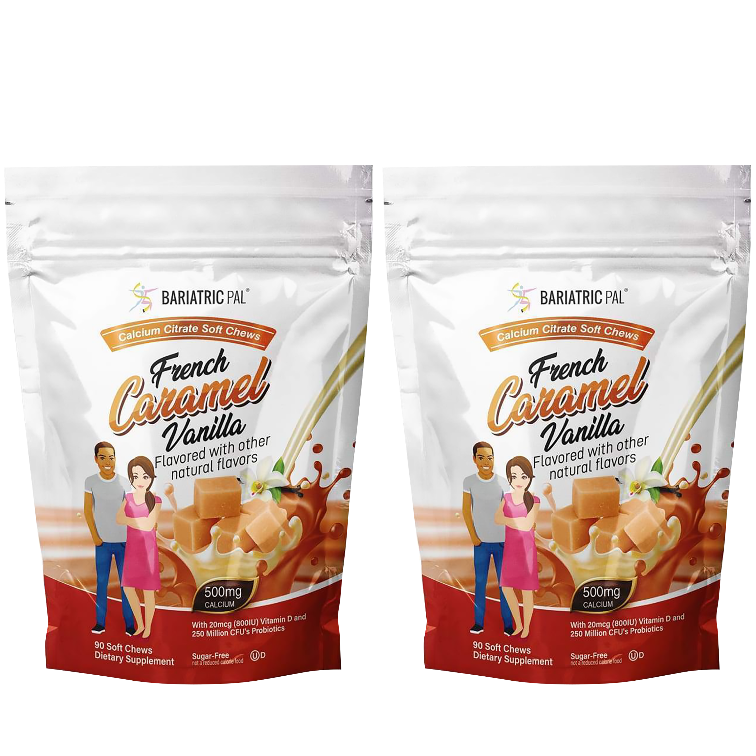 Two identical packages of Bariatric Pal French Caramel Vanilla Calcium Citrate Soft Chews are displayed, featuring a man and a woman smiling beside the product, which highlights its dietary supplement benefits.