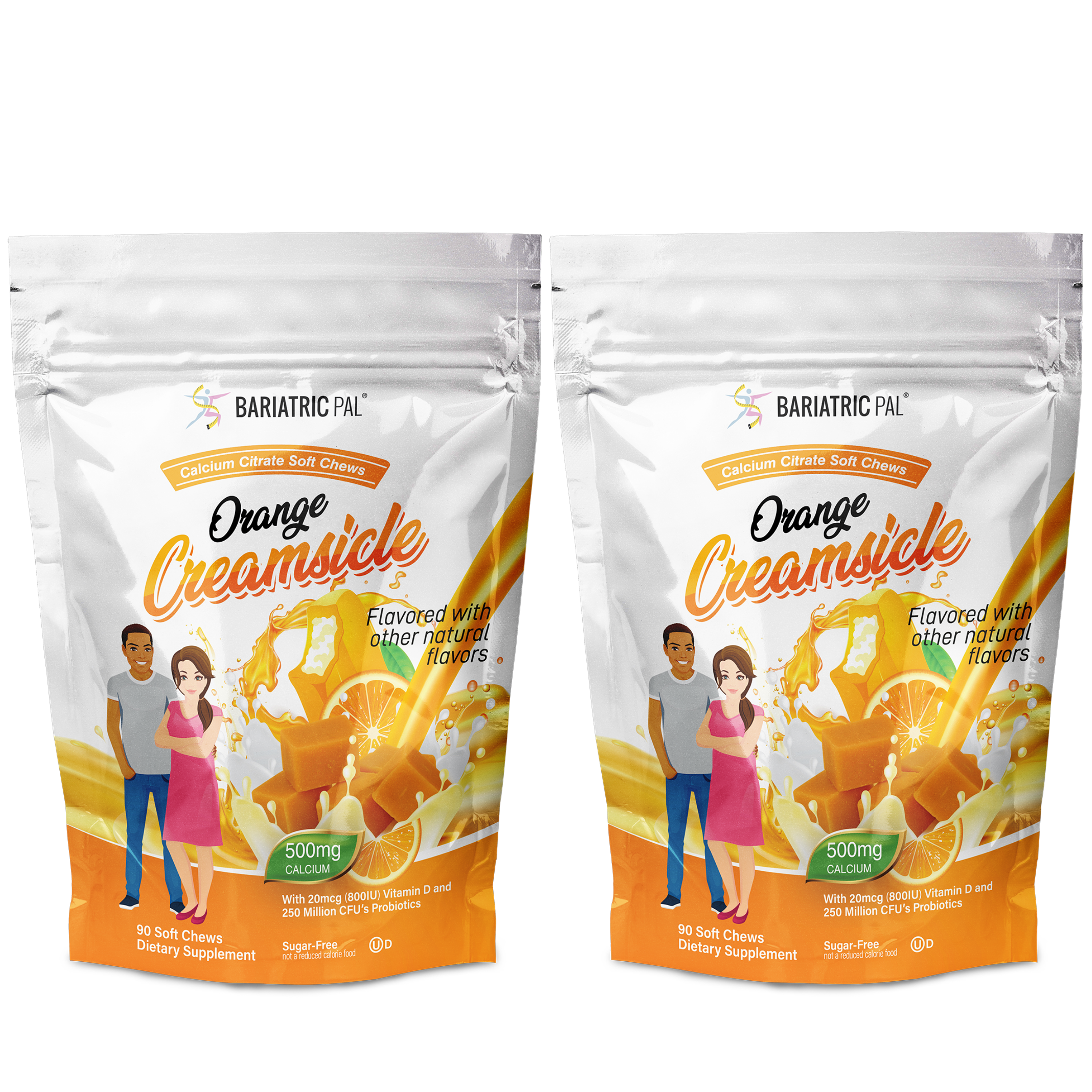 Two identical packages of Bariatric Pal Orange Creamsicle calcium citrate soft chews, featuring a man and woman smiling beside a splash of orange flavor, highlighting dietary supplement details.