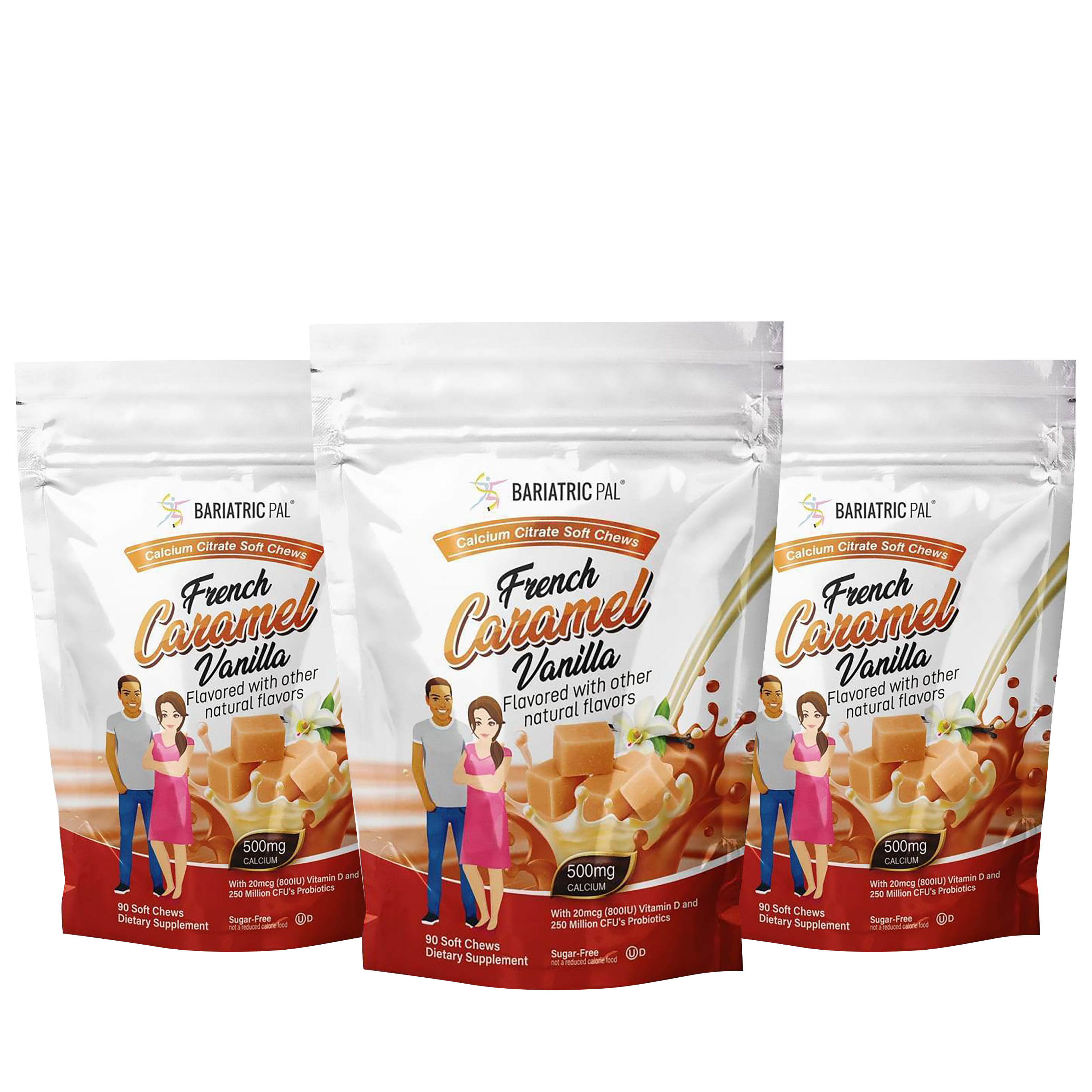 Three packages of Bariatric Pal French Caramel Vanilla calcium citrate soft chews are displayed, featuring illustrations of a man and woman holding the product, emphasizing its dietary supplement benefits.