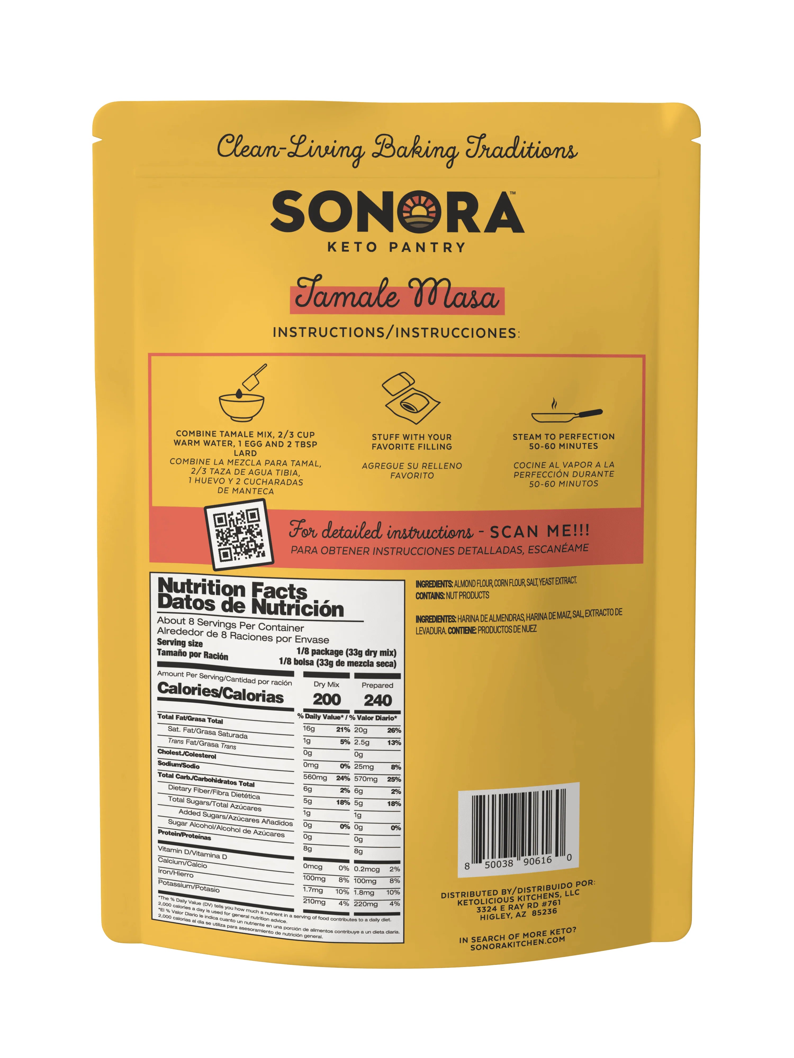 A yellow package of Sonora Keto Pantry Tamale Masa features instructions for preparation and nutrition facts, highlighting ingredients and cooking steps for making tamales.