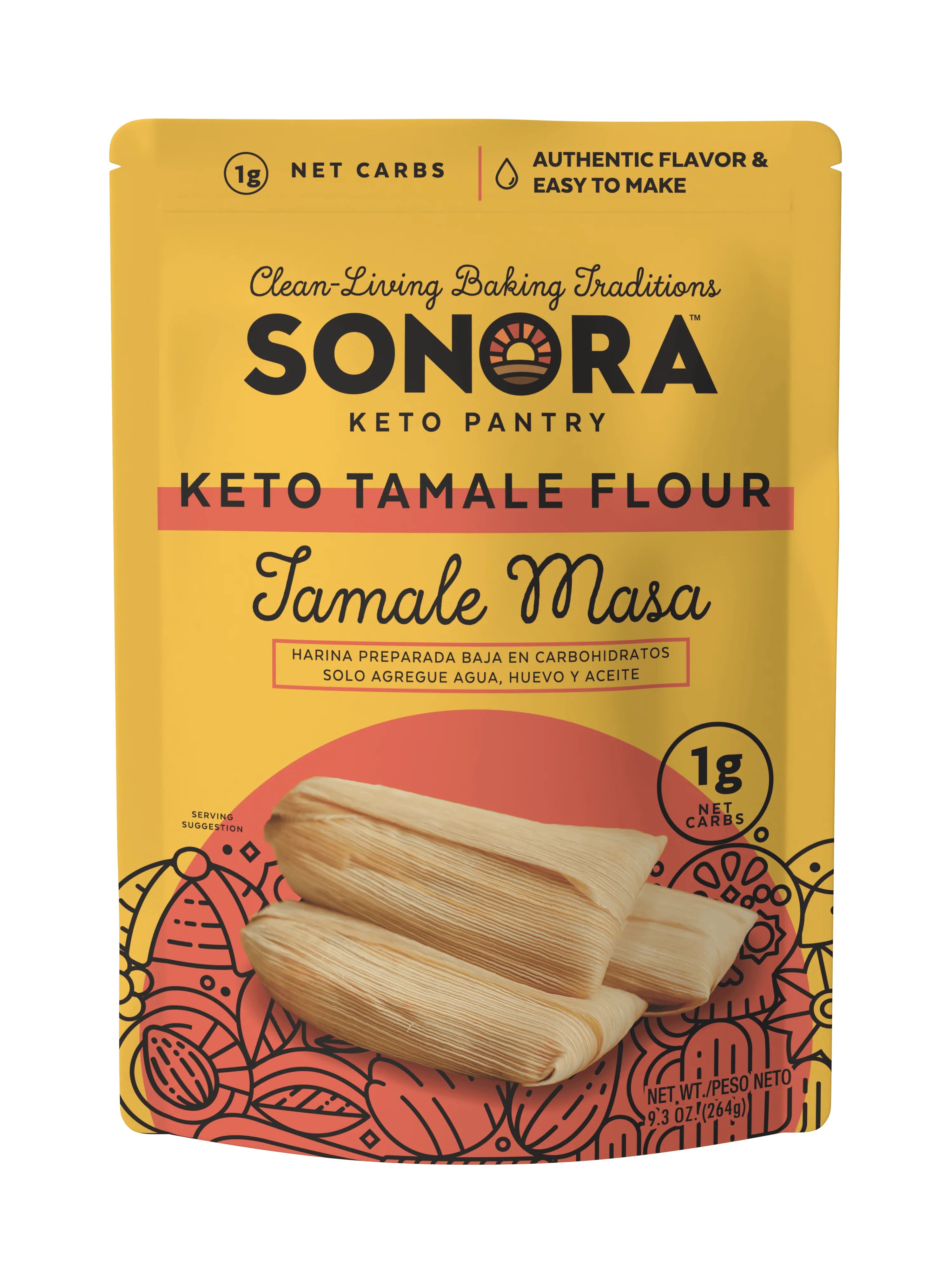 A bright yellow package of Sonora Keto Tamale Flour features the product name prominently, with illustrations of tamales and text highlighting low net carbs and easy preparation.