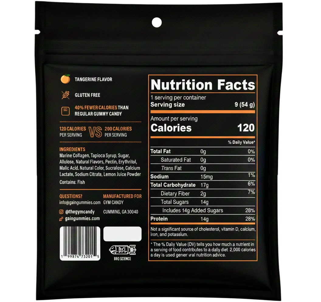A black packaging for tangerine-flavored gummy candy, featuring nutrition facts, ingredients, and serving size, highlighting 120 calories per serving and gluten-free labeling.
