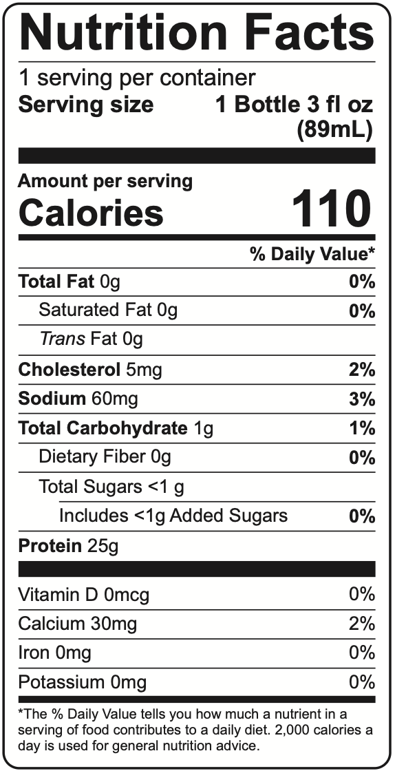 Nutrition facts label for a 3 fl oz (89 mL) beverage, detailing calories, fat, cholesterol, sodium, carbohydrates, sugars, and protein content per serving, with daily value percentages.